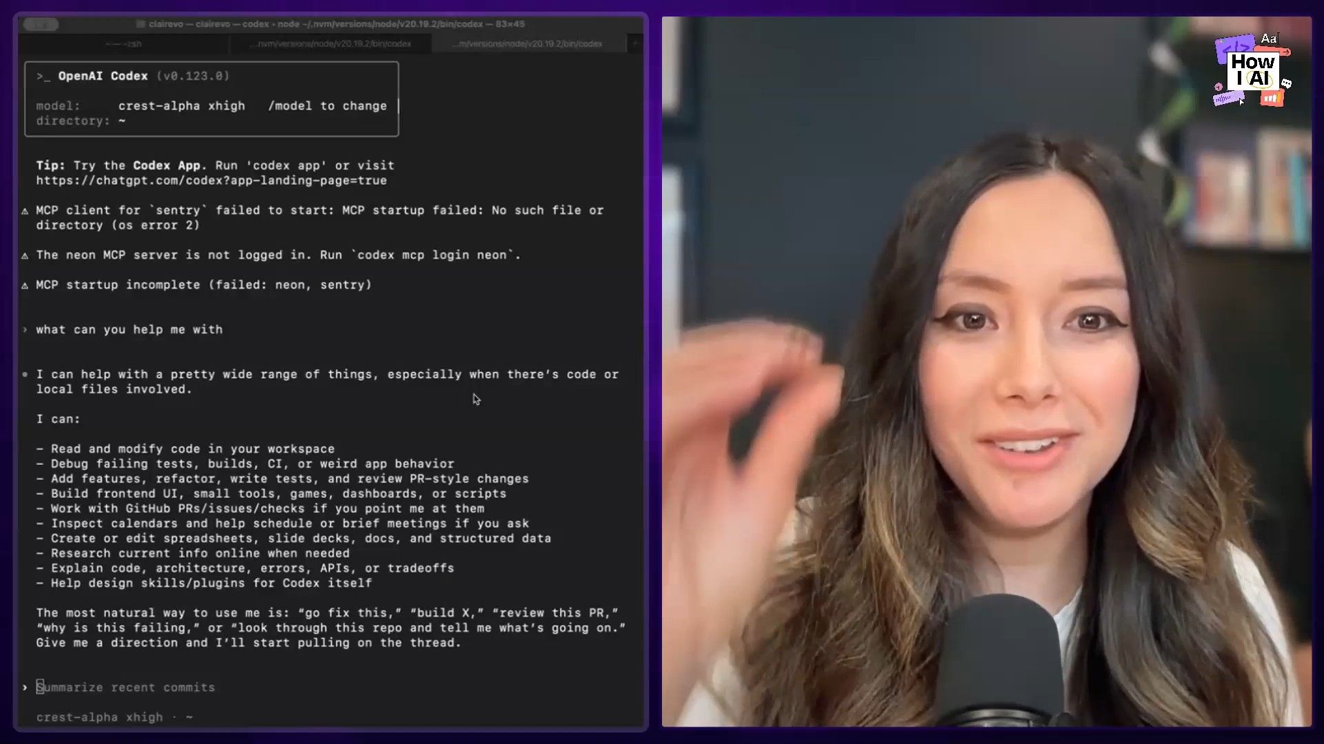 A podcast host demonstrates the OpenAI Codex AI assistant via a terminal interface, detailing its code-related capabilities and showing error messages, while holding a Divoom speaker displaying 'YOUR MOV' — illustrating the integration of AI tasks with physical outputs.