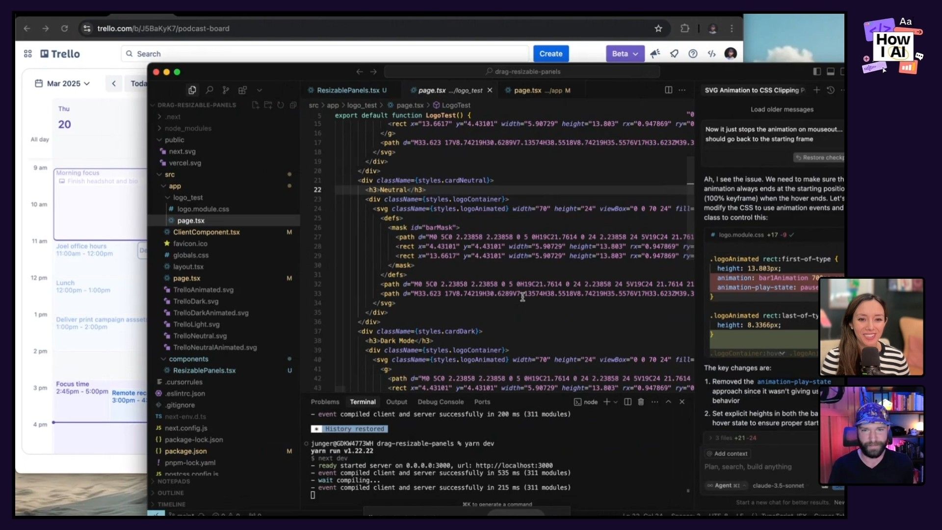 A developer's multi-application workflow, featuring VS Code with JSX/SVG code and a running development server, a Trello project board, and an AI assistant providing debugging insights for CSS animation. The scene highlights a technical deep-dive into front-end development, with podcast hosts visible in the corner.