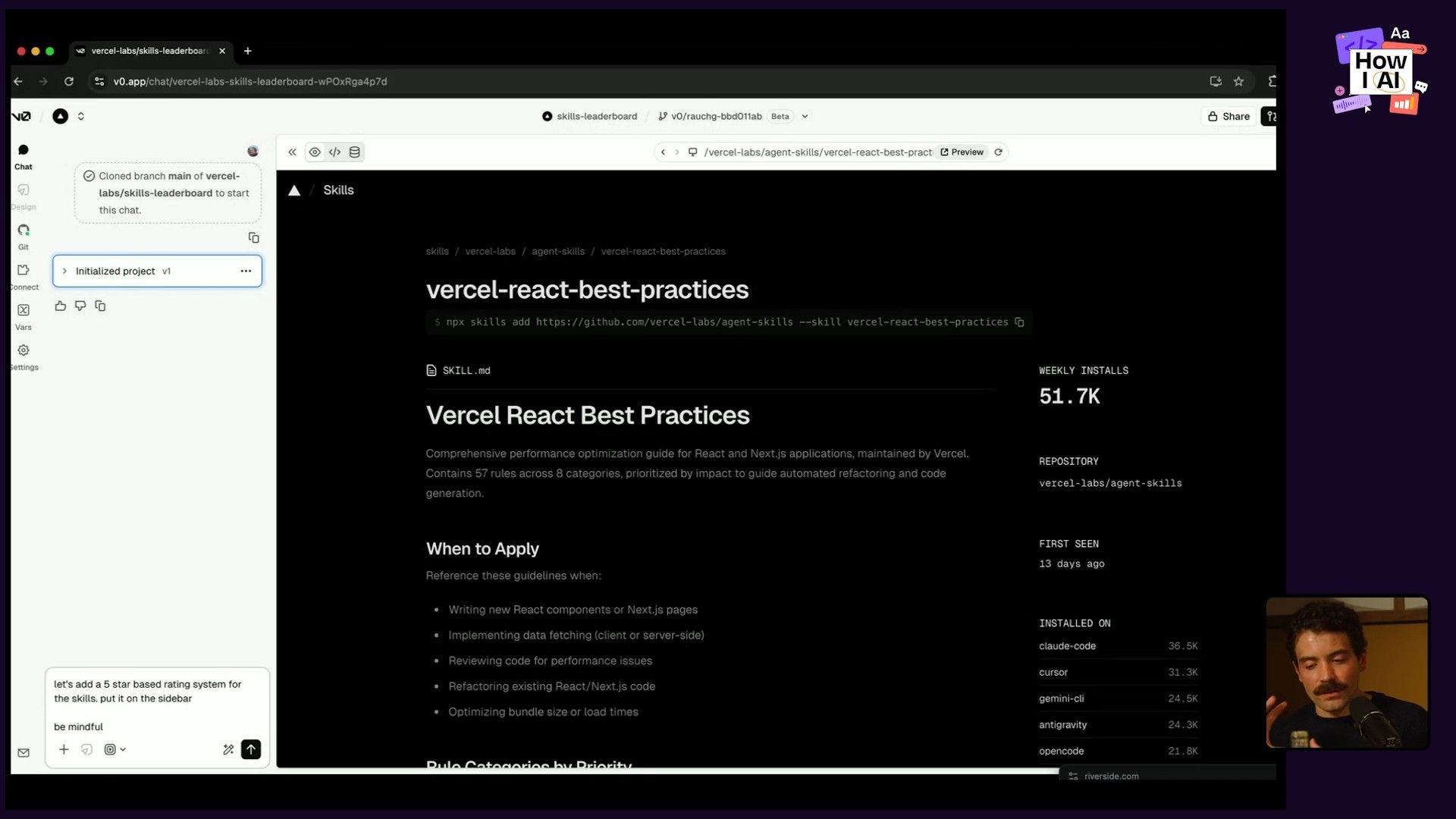 A Vercel v0.app interface demonstrating an AI chat interaction with the prompt 'let's add a 5 star bas', displayed alongside documentation for 'Vercel React Best Practices' and a `npx skills add` command.