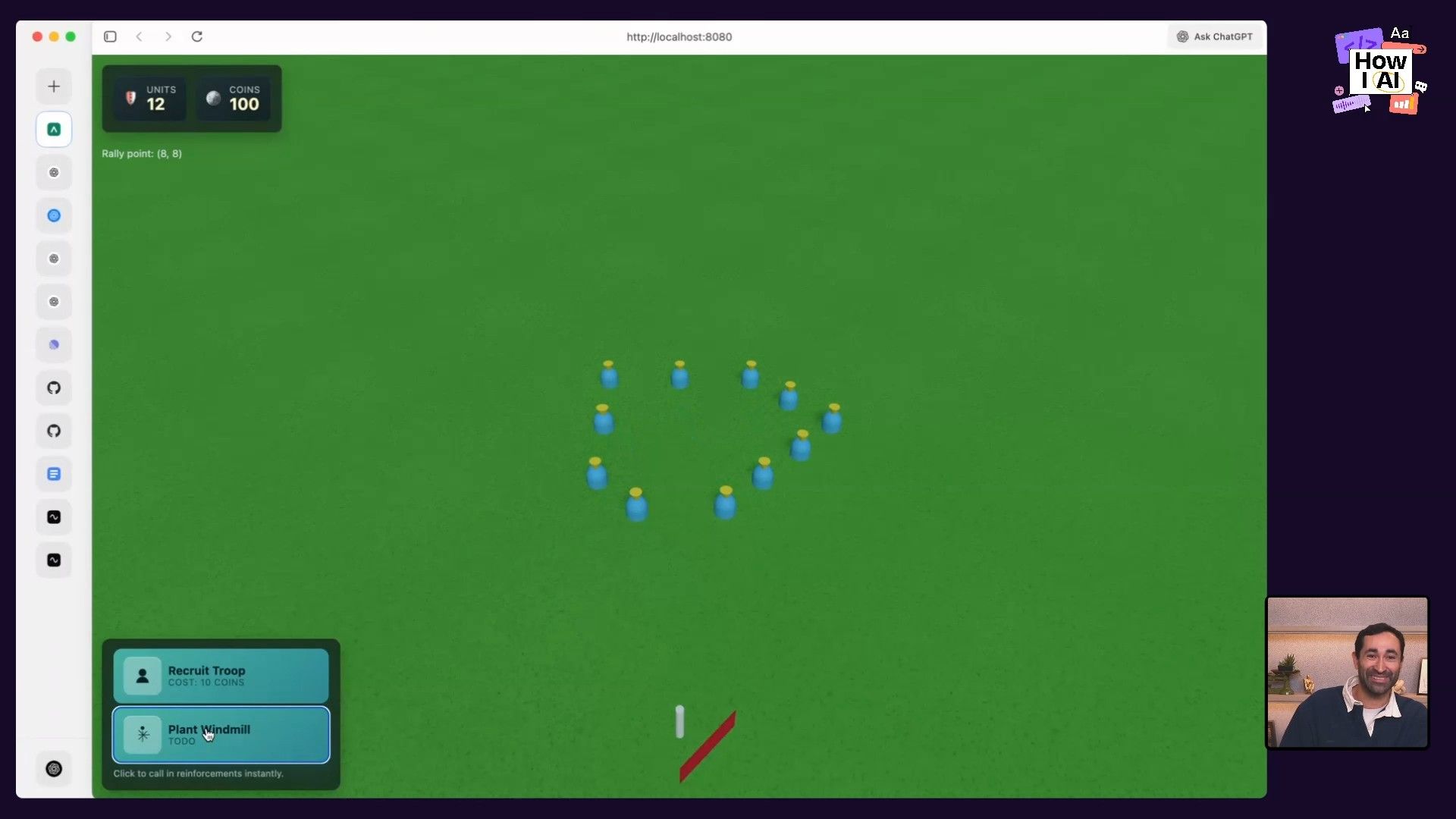 An AI prompt, 'that jump is waaay too big,' being typed into an integrated chat interface within a VS Code-like environment, while the terminal displays ongoing server activity initiated by `npm run dev`.
