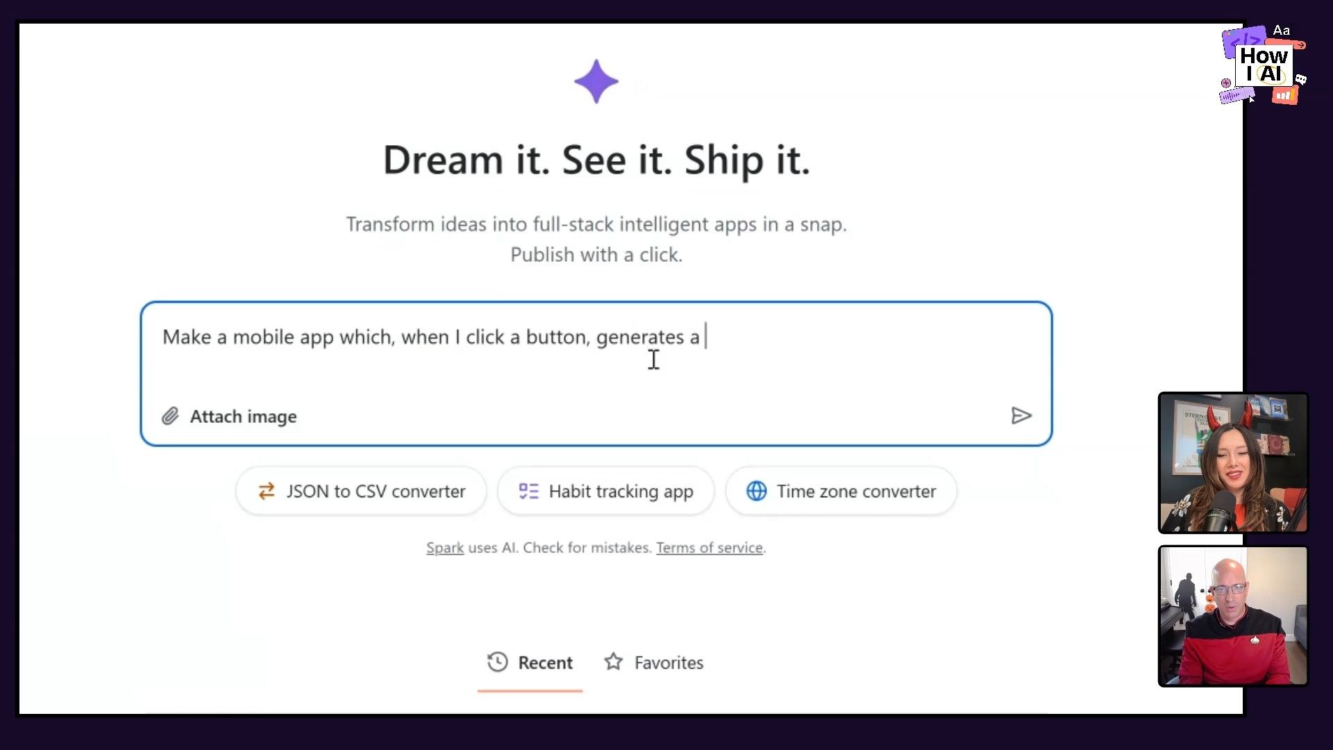 The GitHub Spark interface, highlighting the prompt input field with the text 'Create web apps with React and TypeScript to prototype ideas, build tools, and more', alongside suggested application types and a recent project listing.