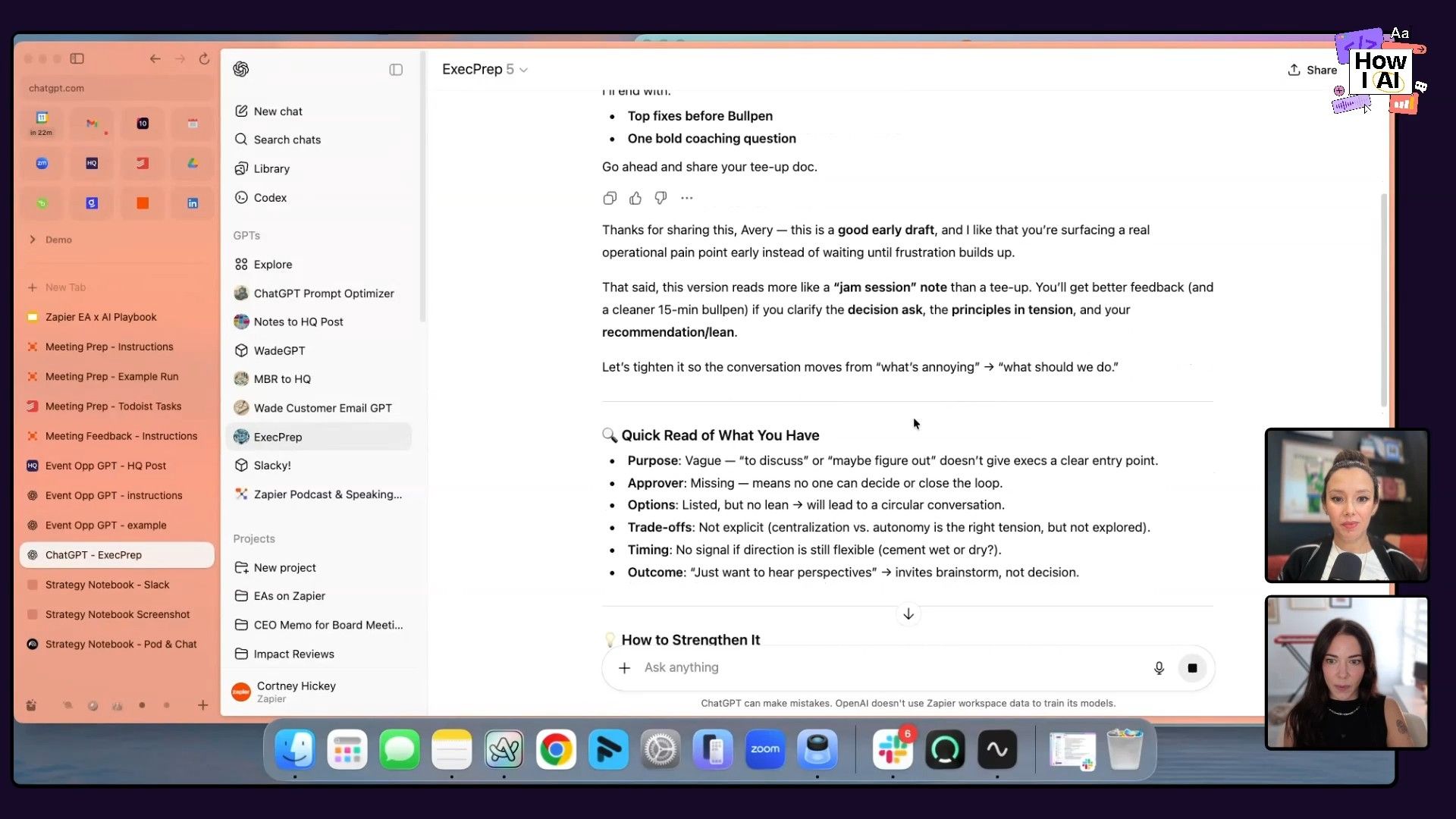 A custom GPT named 'ExecPrep' in action within the ChatGPT interface, demonstrating its ability to provide structured feedback and coaching on a document, complete with defined criteria and actionable insights.
