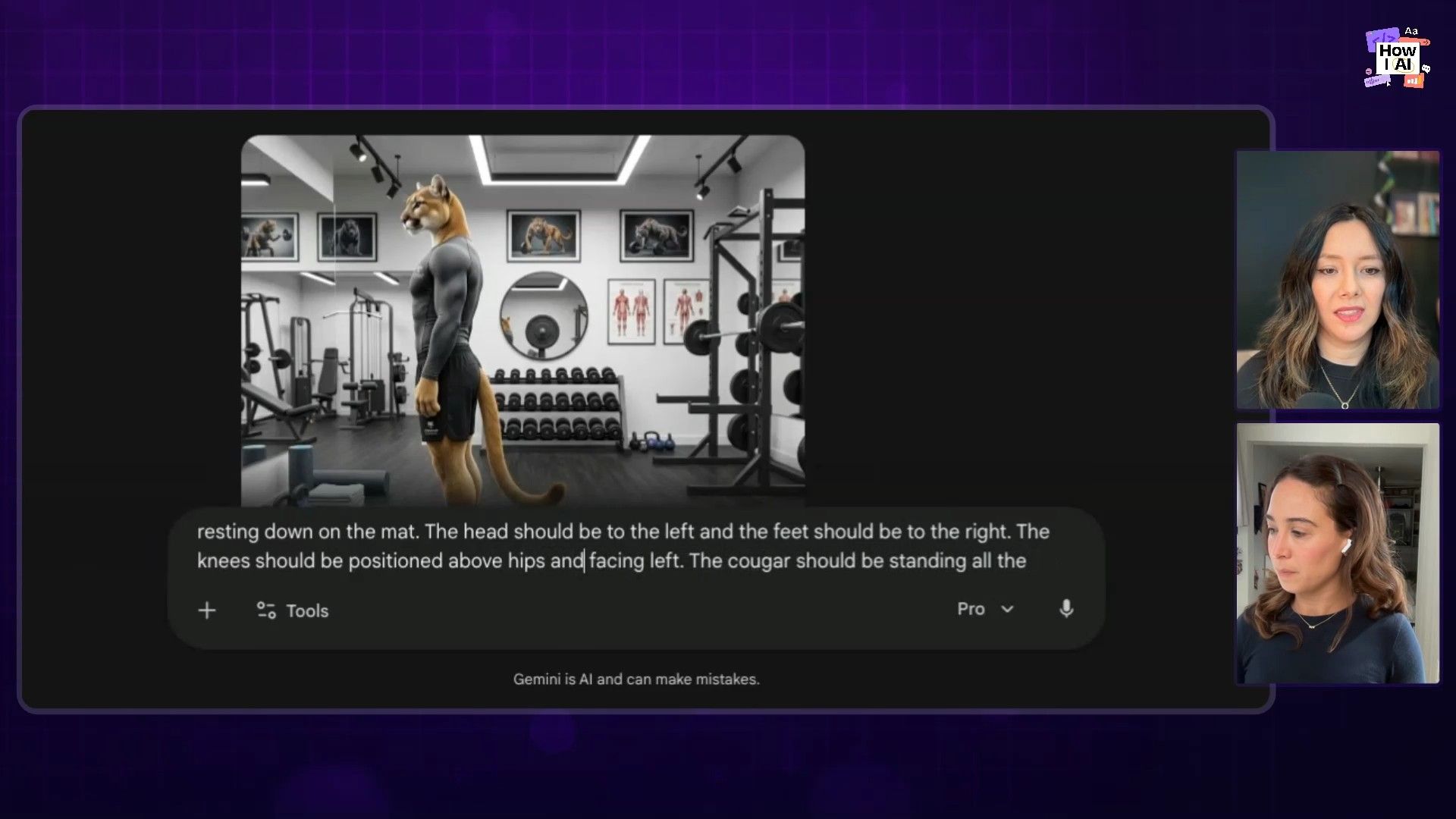 Demonstrating specific image generation with a detailed AI prompt in Google Gemini, showing a cougar in a gym based on precise pose instructions.
