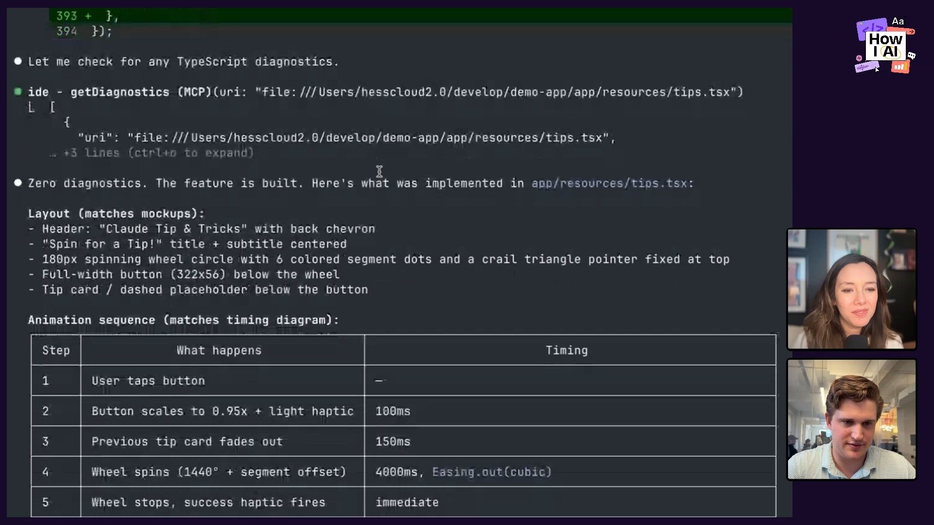 A detailed look at the 'Spin for a Tip!' feature, from UI/UX design mockups demonstrating its states (initial, spinning, tip revealed) to a live mobile app demo. This showcases the user experience for an AI-powered tips generator, including design notes for animation timing and instructions for using context-aware AI prompts.