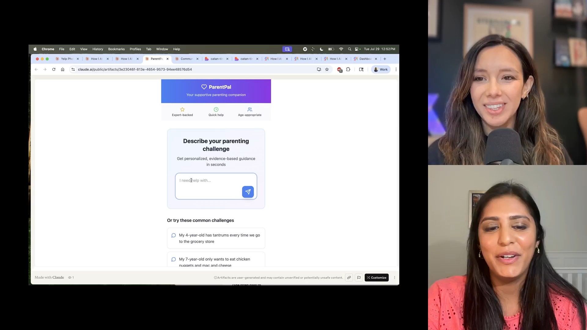 A Chrome browser displays the 'ParentPal' AI web application, an interface designed for getting personalized guidance on parenting challenges. The application features an input field for user queries and lists common pre-defined challenges, while two podcast hosts are visible on the right.