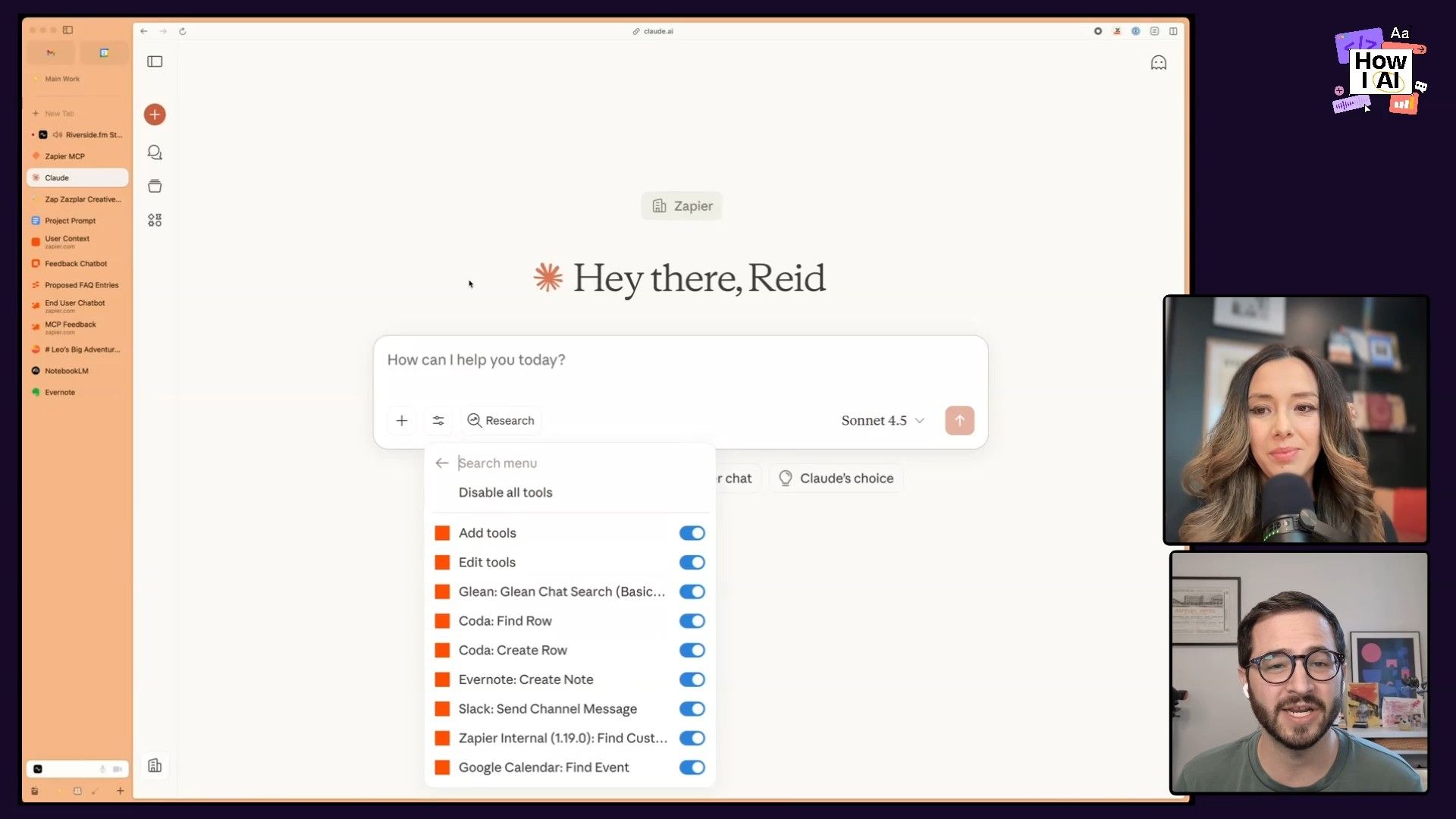 The Claude AI interface showcases its powerful tool integration, allowing users to connect and enable external services like Zapier, Coda, Evernote, Slack, and Google Calendar directly within their AI conversations. This demonstrates the potential for AI models to automate and execute complex workflows.