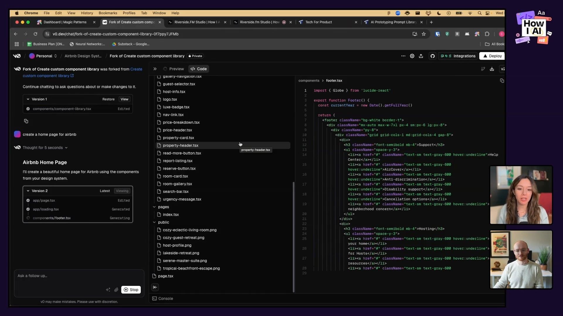 A V0.dev application screenshot demonstrating the generation of an Airbnb homepage using a custom component library. The interface displays chat prompts, a file browser, and the code editor with a React `footer.tsx` component, showcasing AI-assisted UI development.