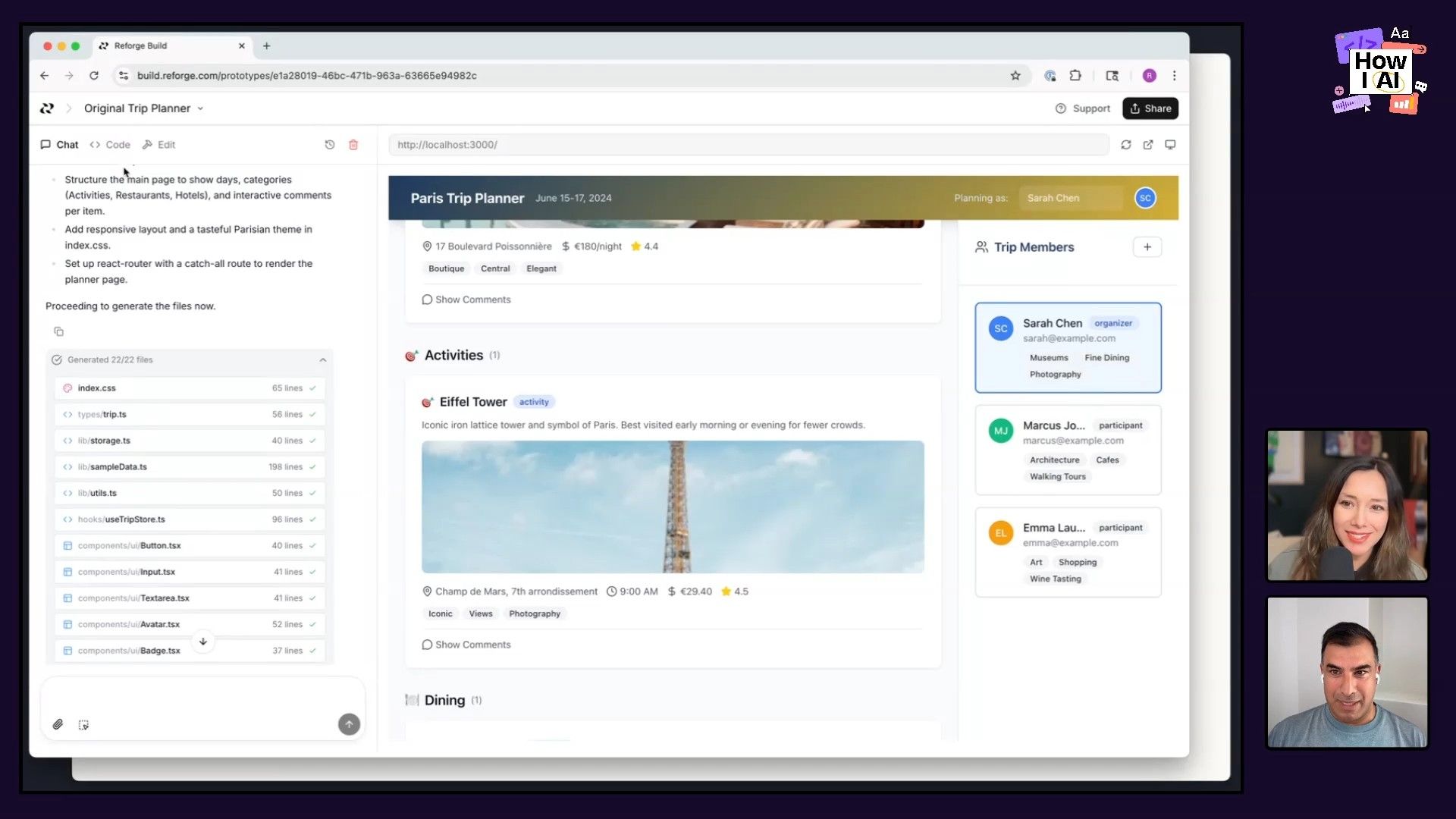 An AI-powered development environment, 'Reforge Build', actively generating a 'Paris Trip Planner' web application. The screenshot displays the detailed AI prompt, a list of generated CSS and TypeScript/React files, and a live, interactive preview of the application's user interface.