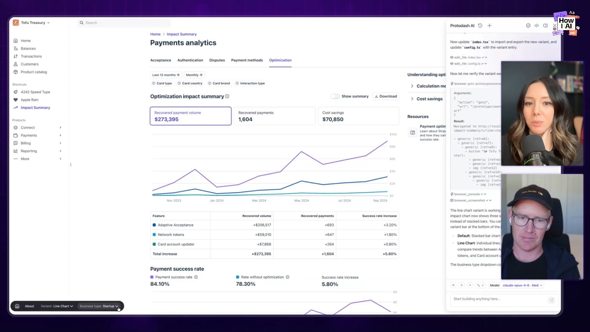 A detailed view of the 'Tofu Treasury' payments analytics dashboard, demonstrating how the 'Protodash AI' assistant interacts with and modifies dashboard display elements, including updating chart variants via code prompts and AI-generated instructions.