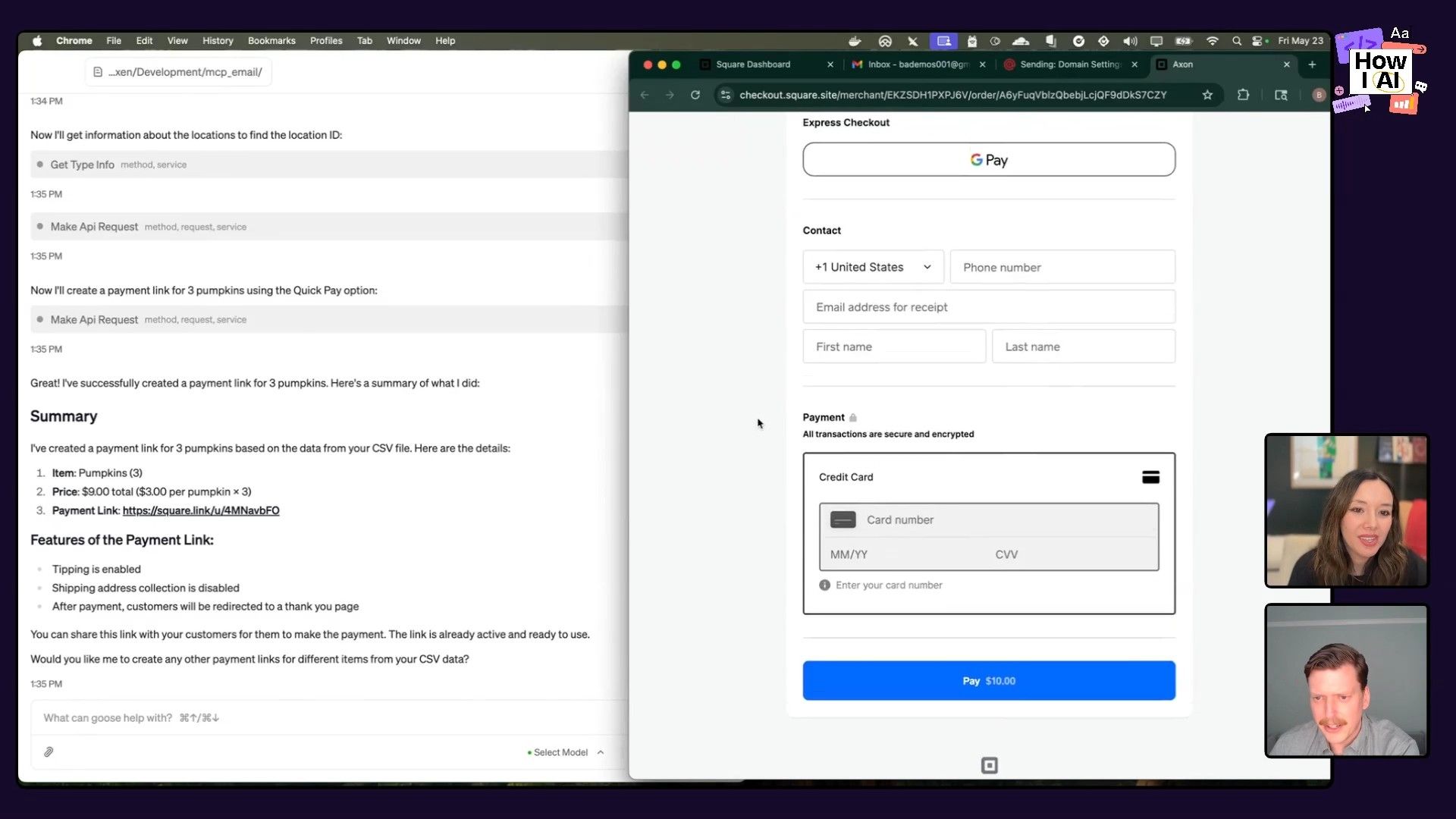 An AI assistant guides the creation of a Square payment link, providing the direct URL. The browser on the right demonstrates the payment link's destination: a Square checkout page for 'Axon', showcasing a complete AI-driven e-commerce workflow.