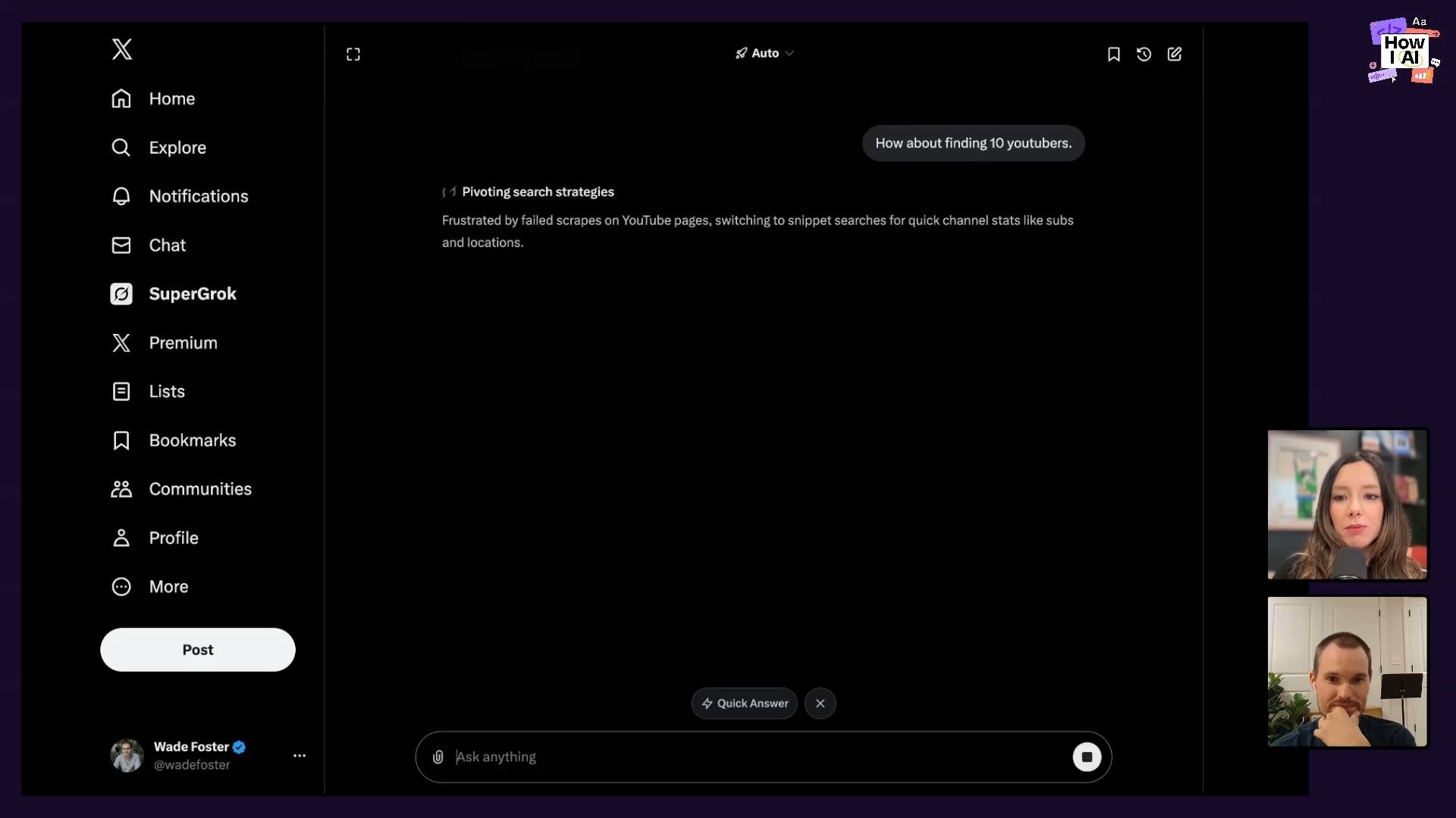 SuperGrok AI, integrated into X (formerly Twitter), actively processes a prompt to find 10 YouTubers. The interface details its method: 'Extracting from X posts, Spotting X recommendations for underrated channels like Blazing Automations on no-code AI with n8n.'