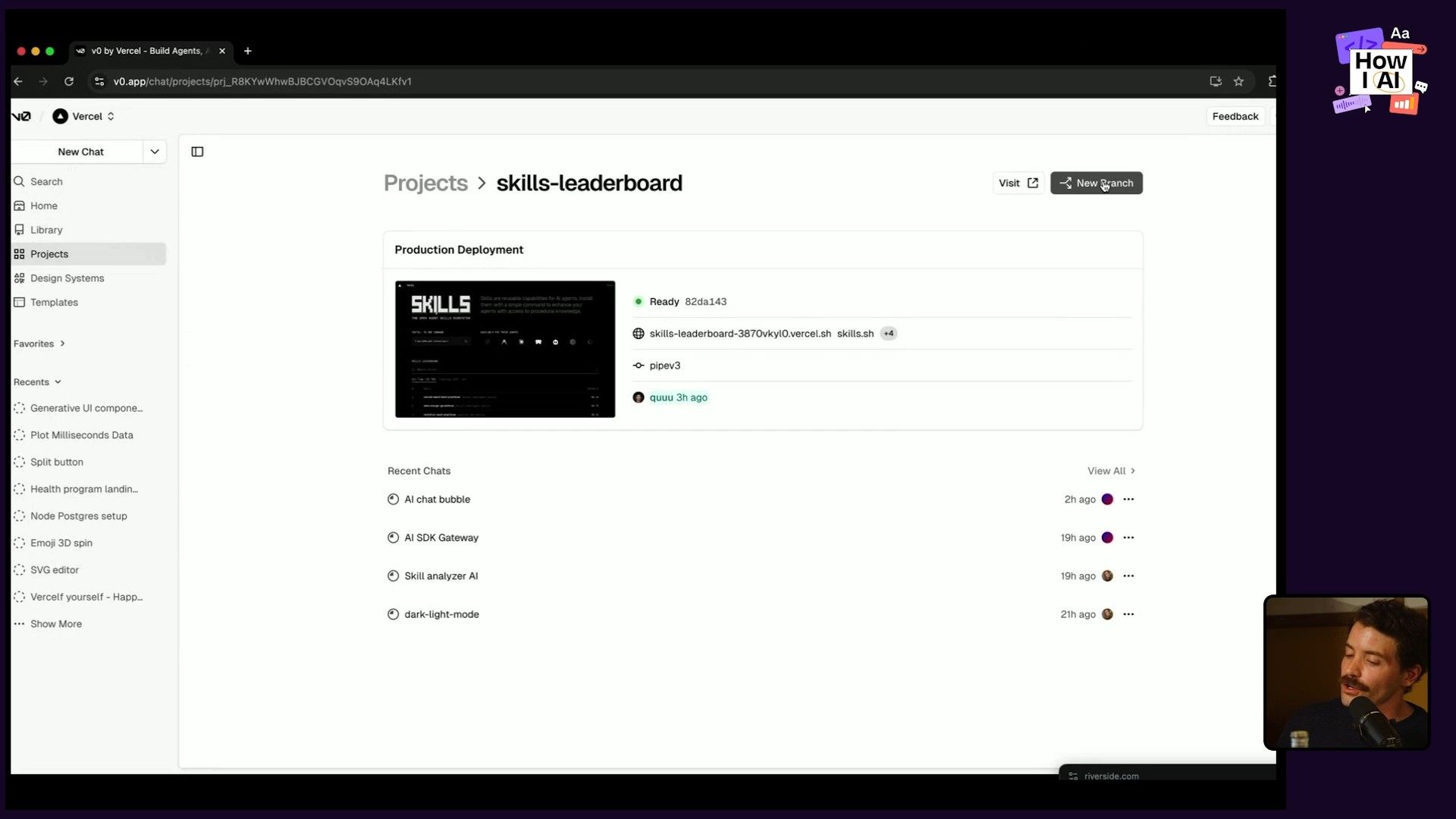 The Vercel dashboard interface (v0.app) displaying the 'skills-leaderboard' project, complete with its production deployment status, deployed URL (skills-leaderboard-3870vky10.vercel.sh), and an associated 'skills.sh' script. The sidebar shows recent AI-related chat activities such as 'AI chat bubble' and 'Skill analyzer AI'.
