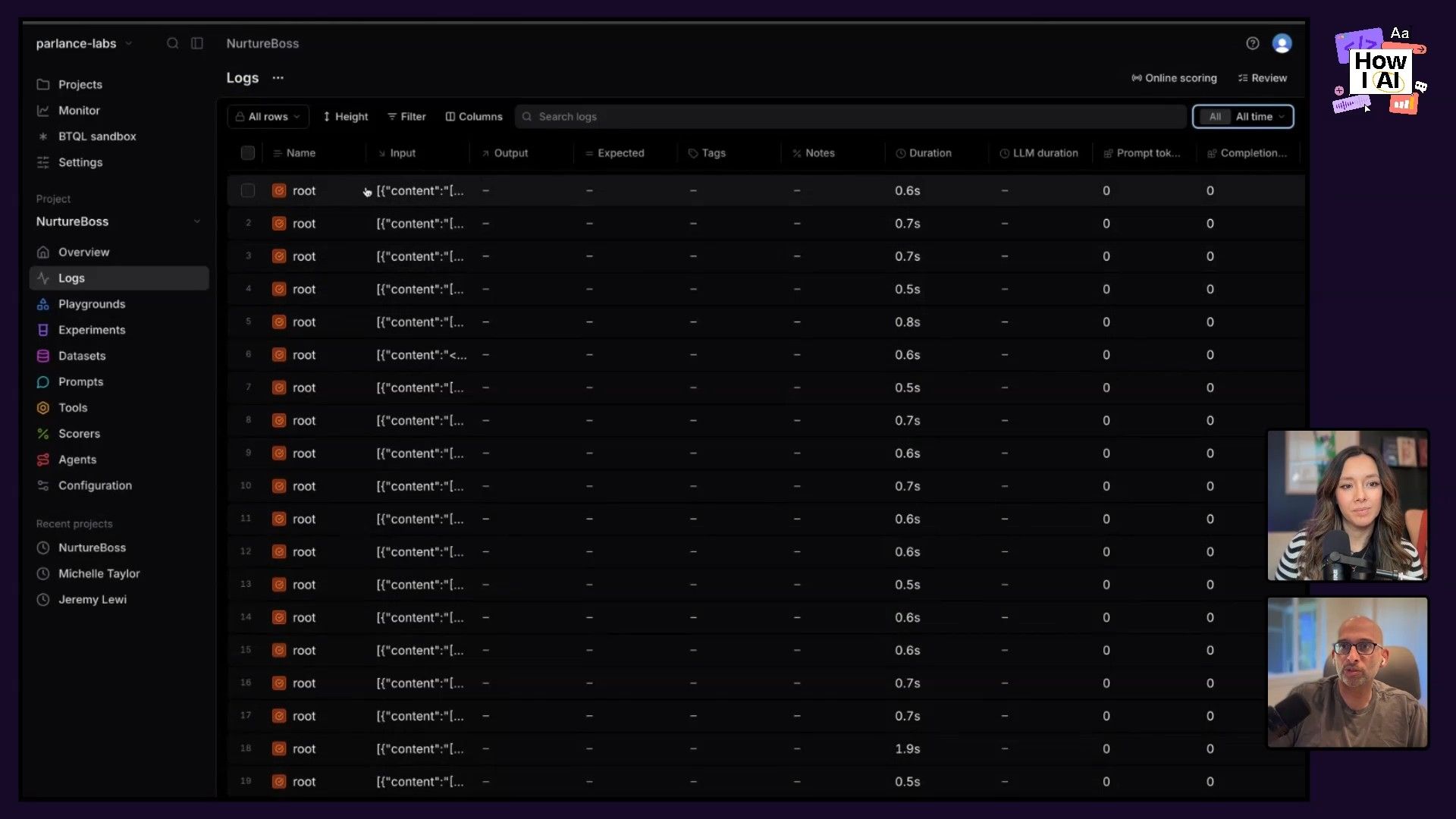 A detailed view of the 'Logs' section within the NurtureBoss platform by Parlance Labs, demonstrating AI conversation traces. The table shows input prompts, represented as truncated JSON objects, along with LLM-specific durations and token counts, providing insights into model interactions and performance.
