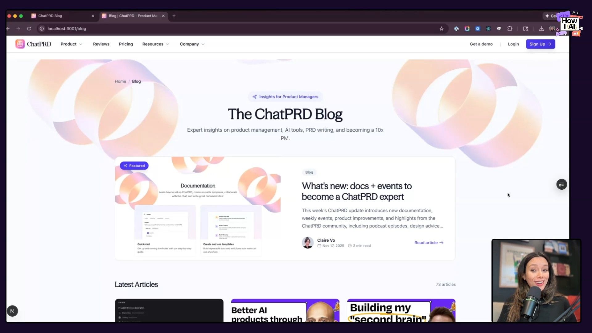 A detailed view of the ChatPRD Blog website, showcasing its modern design, featured documentation, and a recent article on becoming a ChatPRD expert. The blog provides insights for product managers on AI tools and PRD writing.
