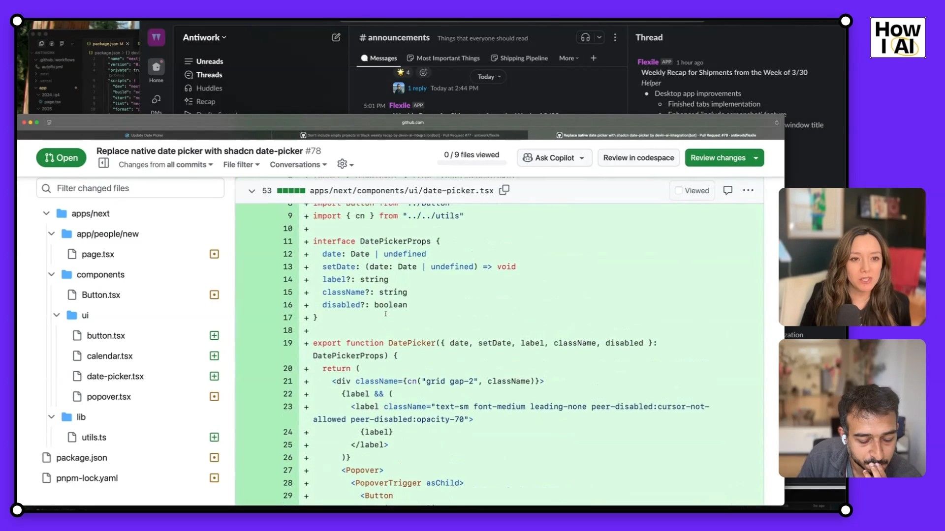A developer's screen during a code review, showcasing a GitHub pull request with changes to a TypeScript date picker component, alongside a file explorer and a communication application, while a podcast is being recorded.