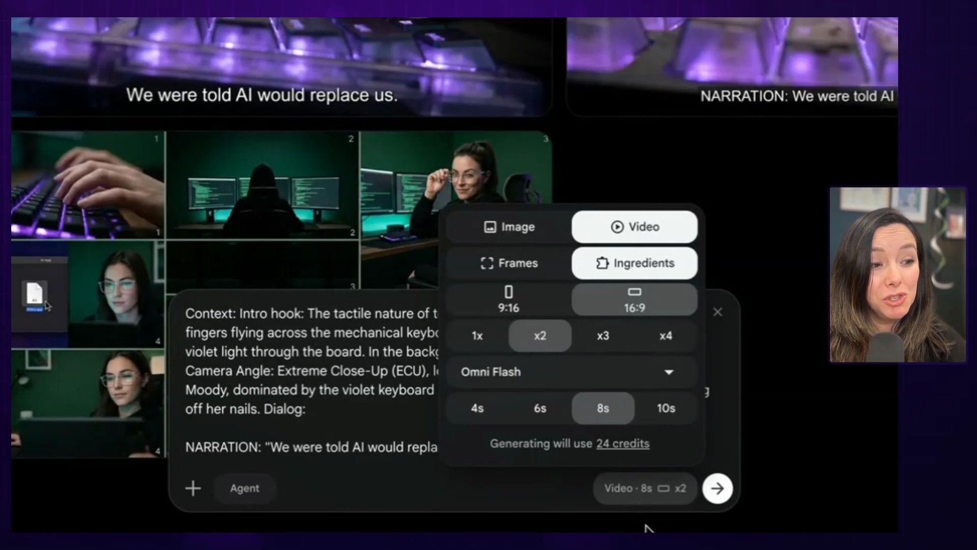 A podcast episode showcases an AI video generation interface, demonstrating a detailed prompt used to describe a video scene, including camera angles and lighting, alongside preview thumbnails and a narrator's text.