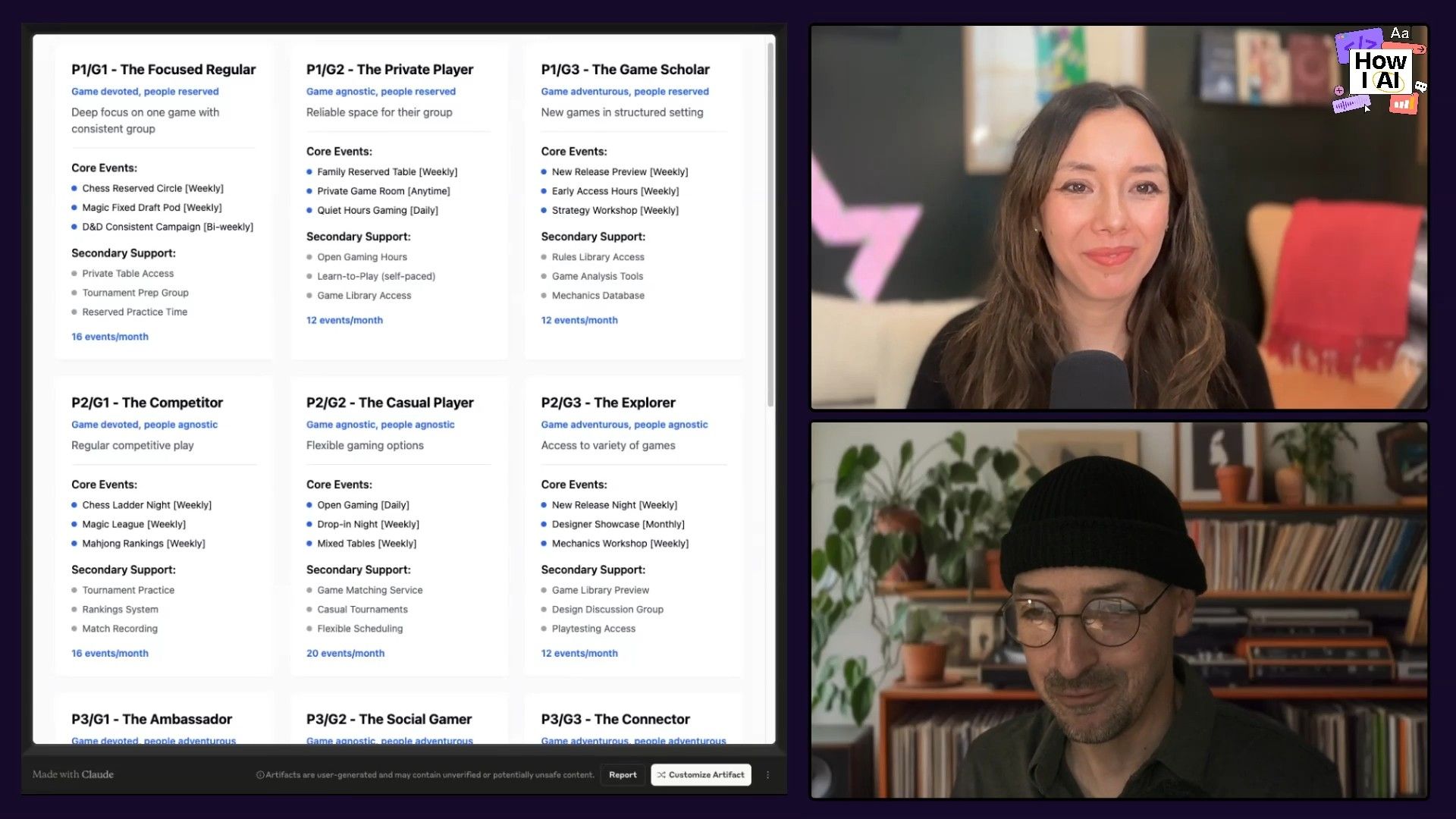A detailed 3x3 customer persona matrix generated by Claude, outlining various gamer profiles with their core events and secondary support needs, as featured on the 'How I AI' podcast.