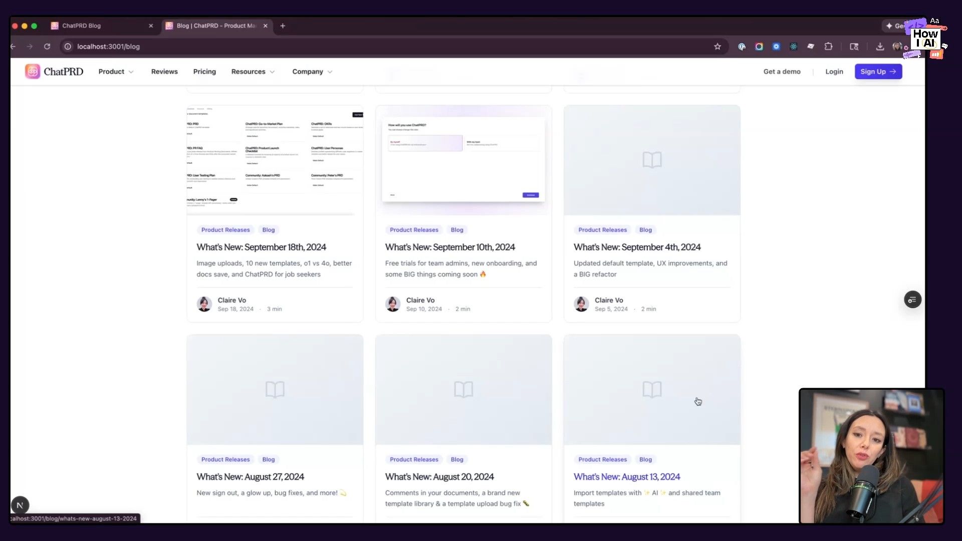 A blog page from the ChatPRD web application, showcasing recent product updates and new features, with a mix of software interface preview thumbnails and generic book icon placeholders for posts without a featured image.