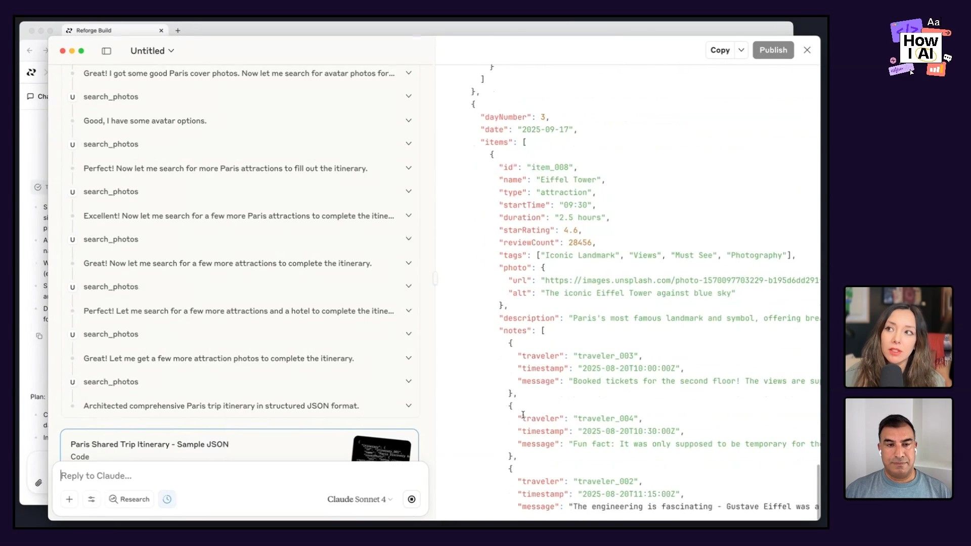 A Reforge Build interface demonstrates Claude Sonnet 4 generating a detailed Paris trip itinerary in structured JSON format, complete with attraction details and image links, based on user prompts.