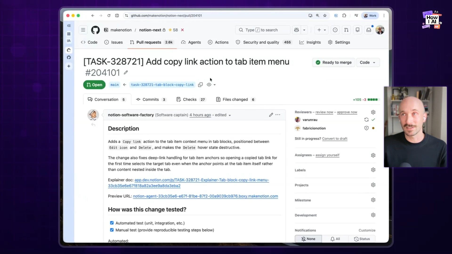 A detailed GitHub pull request, '[TASK-328721] Add copy link action to tab item menu,' showing its description, associated documentation, and testing procedures. The screenshot also features a podcast host in the corner.