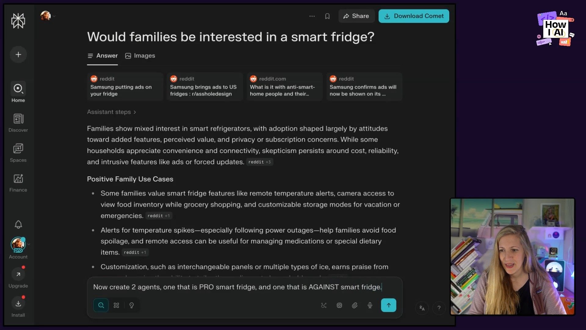 A user interacts with Perplexity AI, querying 'Would families be interested in a smart fridge?' and reviewing the AI-generated summary of mixed interests and positive use cases, along with source links from Reddit.