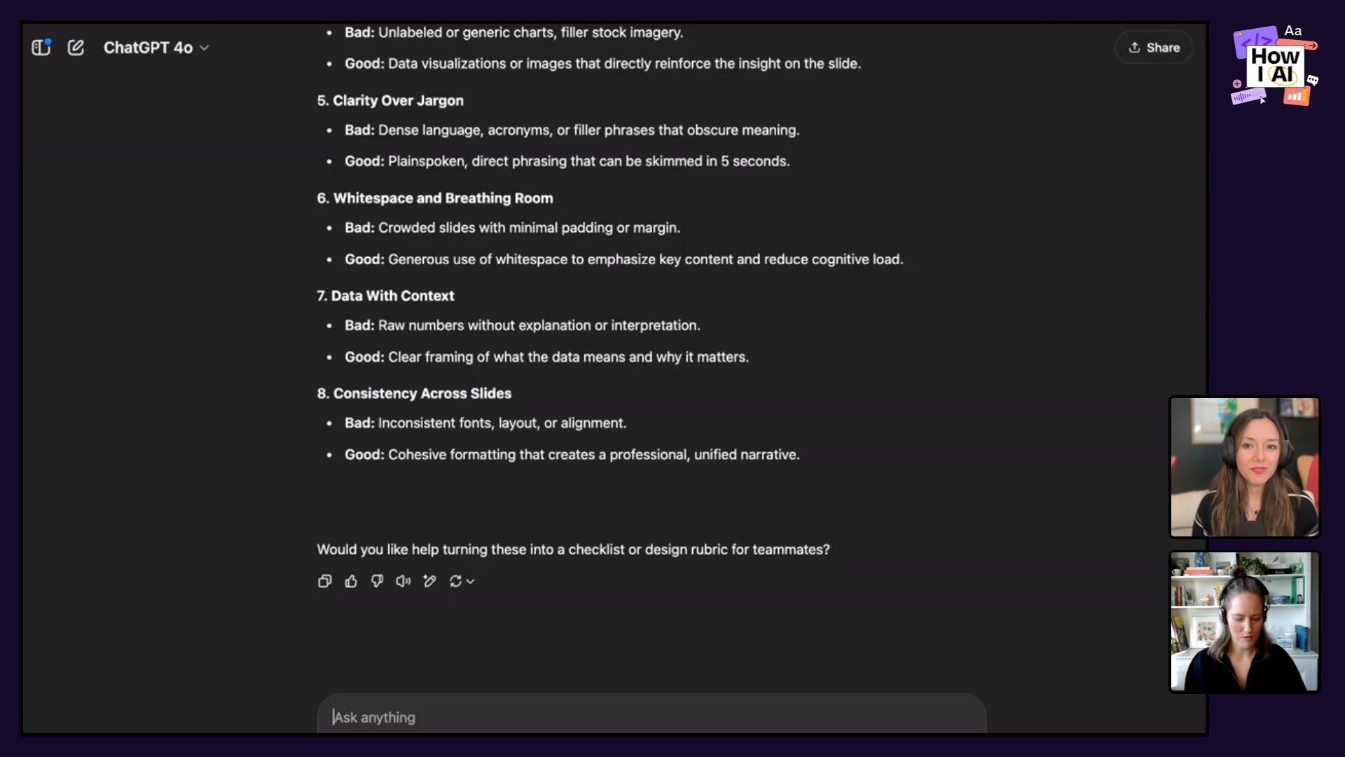ChatGPT 4o generating a structured list of 'Good' and 'Bad' practices for effective presentations, including a follow-up prompt to convert the guidelines into a team checklist or design rubric.