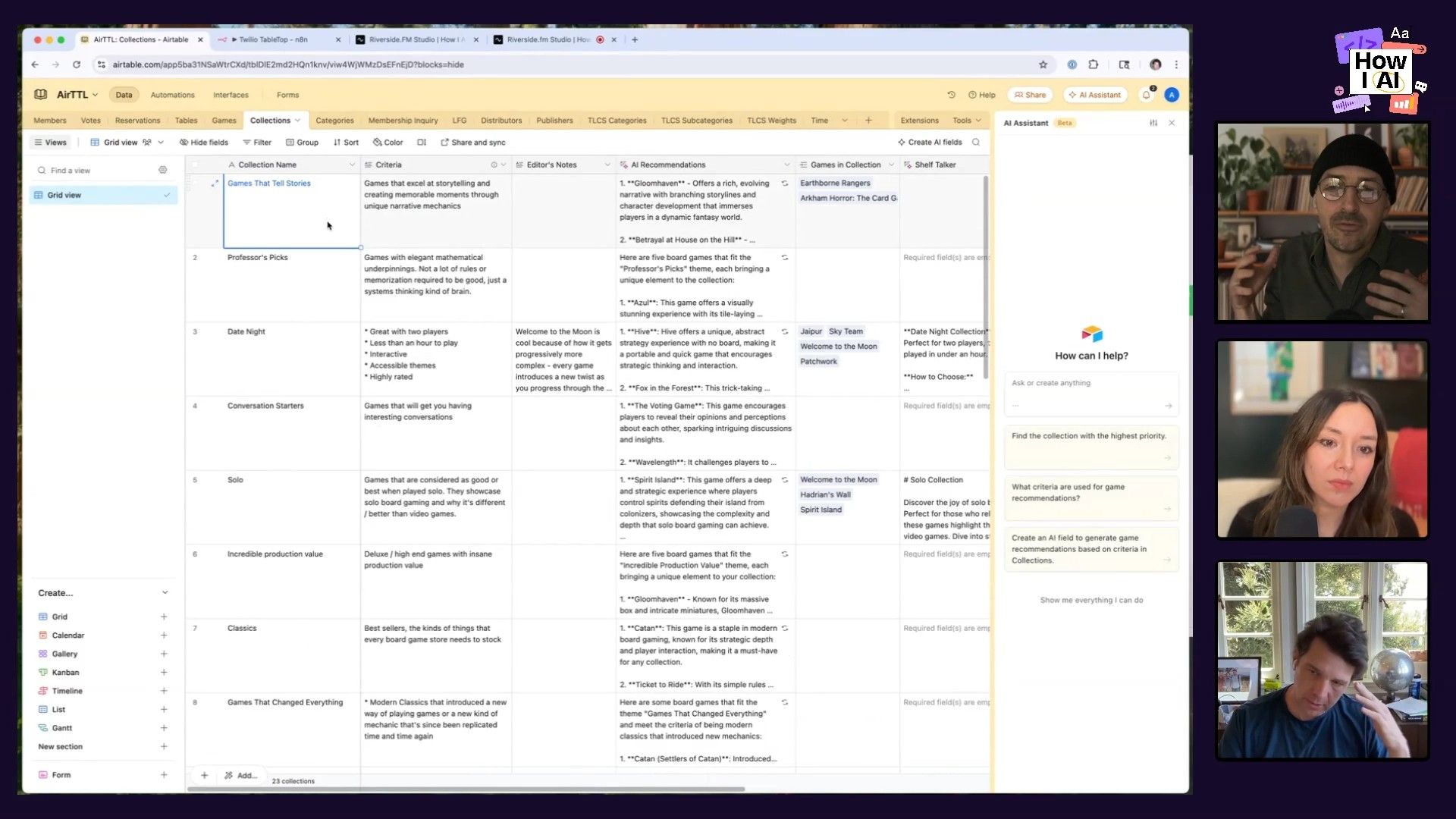 An Airtable database showcasing AI-generated board game recommendations alongside collection criteria, with the 'AI Assistant' sidebar open. This demonstrates the application of AI to enrich and categorize structured data, specifically for board game enthusiasts.