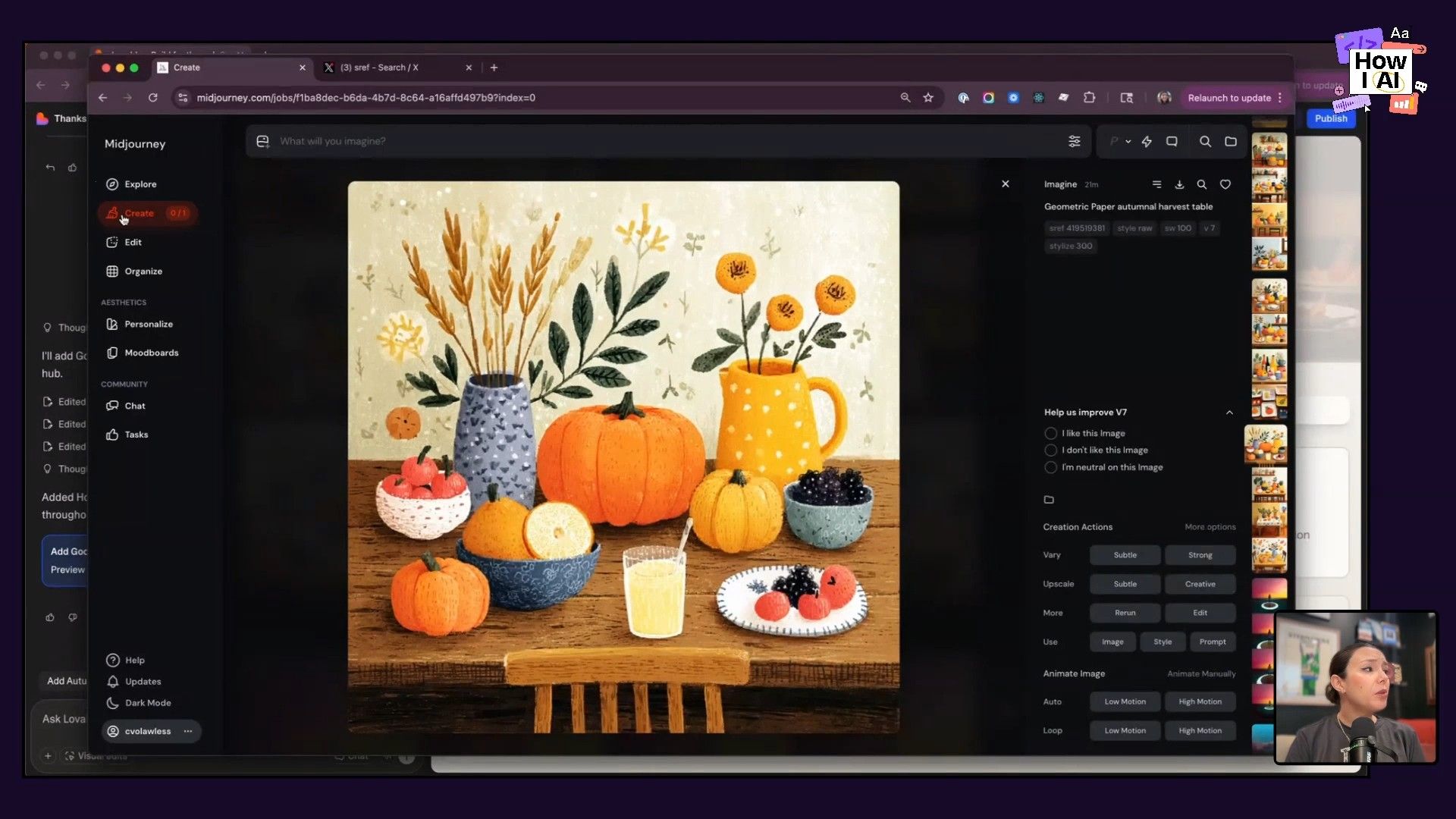 A screenshot of the Midjourney web interface showing the results of an AI image generation, including clear whimsical paper-style images of autumnal harvest tables and the specific prompt parameters used (e.g., 'Geometric Paper autumnal harvest table ar 2:1 sref 419519381 style raw sw 100 v 7 stylize 300').