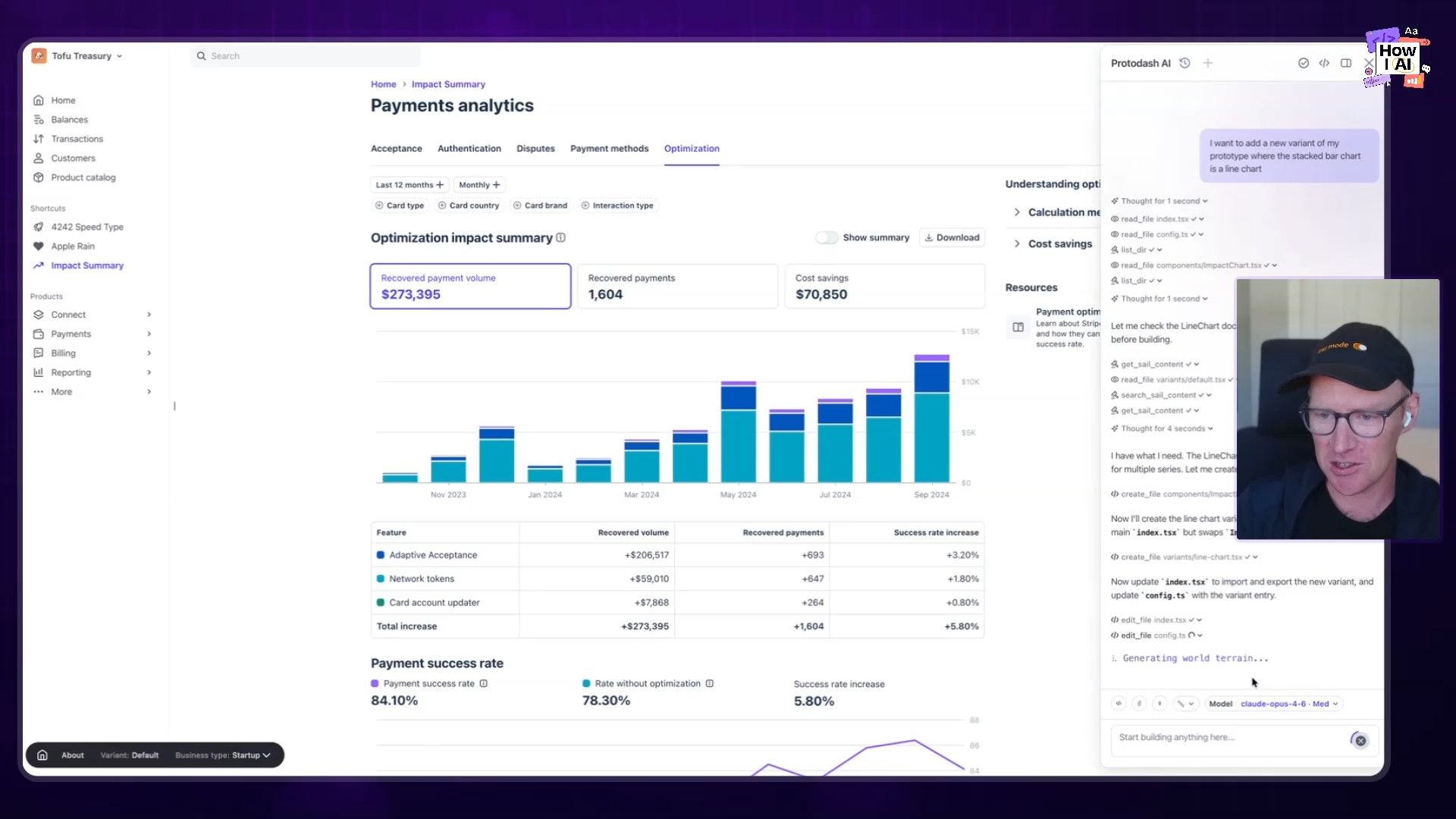 A user interacts with a 'Payments analytics' dashboard in 'Tofu Treasury,' while an AI assistant, 'Protodash AI,' processes a request to transform a stacked bar chart into a line chart, demonstrating a real-time development workflow with file read/write operations.