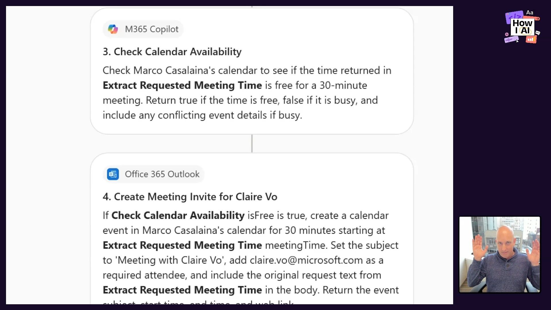 A detailed view of the Microsoft 365 Copilot 'Workflows (Frontier)' interface, illustrating how a natural language prompt (left) is translated into a multi-step automated process (right) for managing meeting requests via Outlook and calendar availability. This demonstrates AI-powered workflow creation.