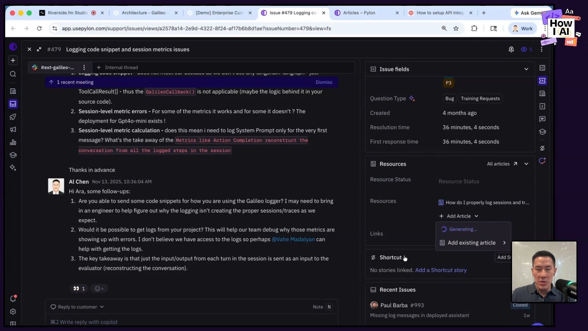 A view of the Pylon application interface, showcasing a help article draft on the left with technical instructions like 'System Prompt' and 'Action Completion', alongside a detailed metadata panel and 'Resources' section on the right.