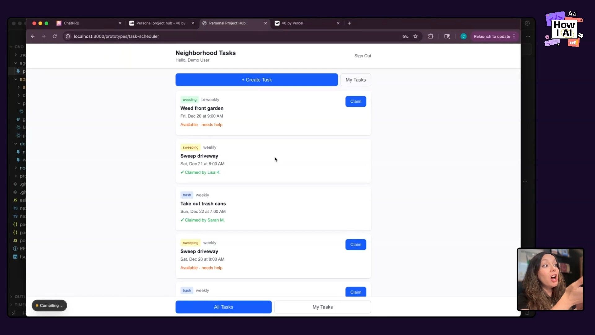 Inside the Cursor IDE: An AI agent's PRD instructions, API errors, and a prompt for sign-in help, showcasing a comprehensive development and AI-assisted workflow.