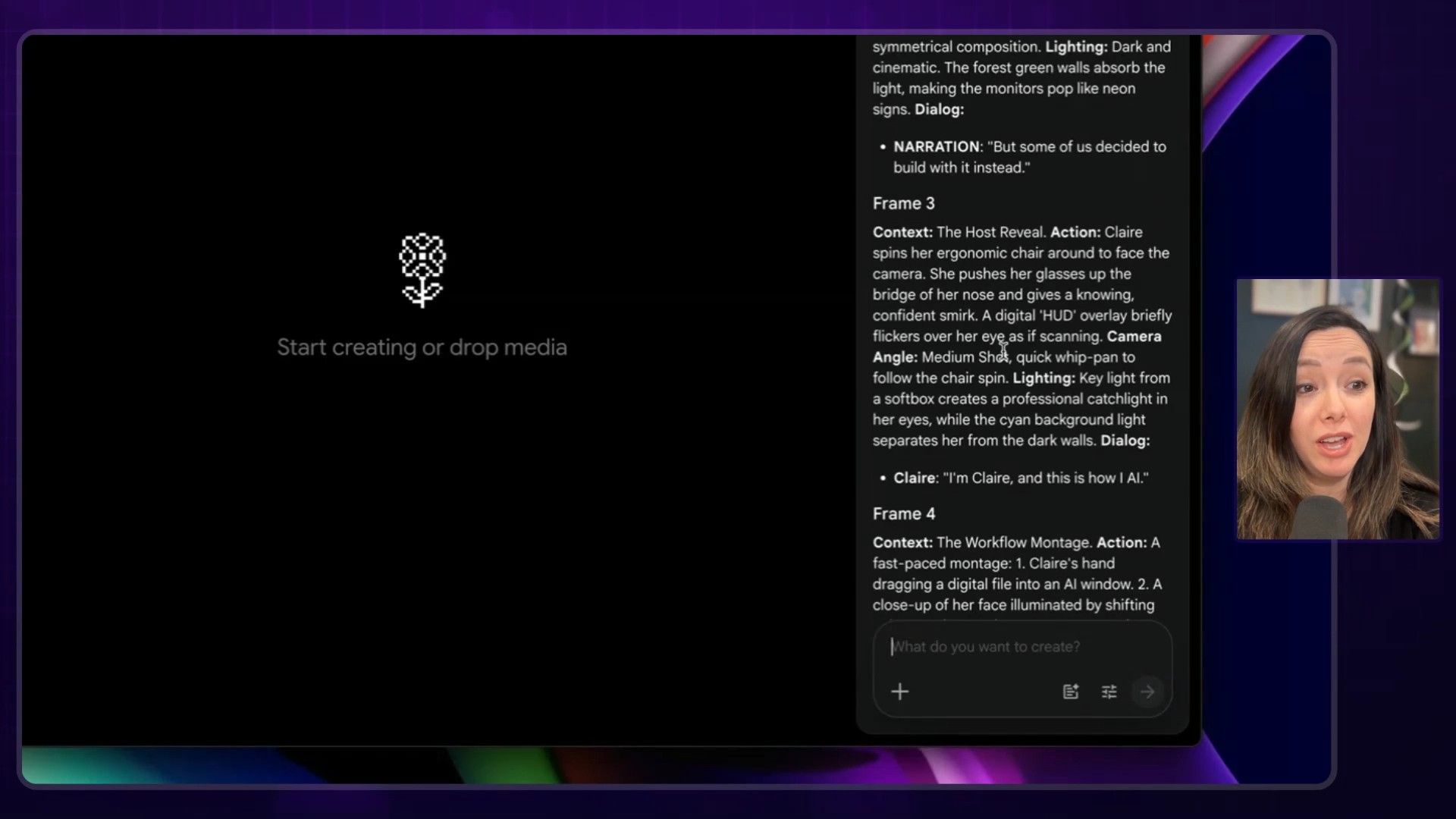 An AI-generated storyboard displaying detailed scene descriptions, camera angles, lighting, and dialogue, presented next to a media creation interface. The storyboard includes the powerful narration: 'We were told AI would replace us.'
