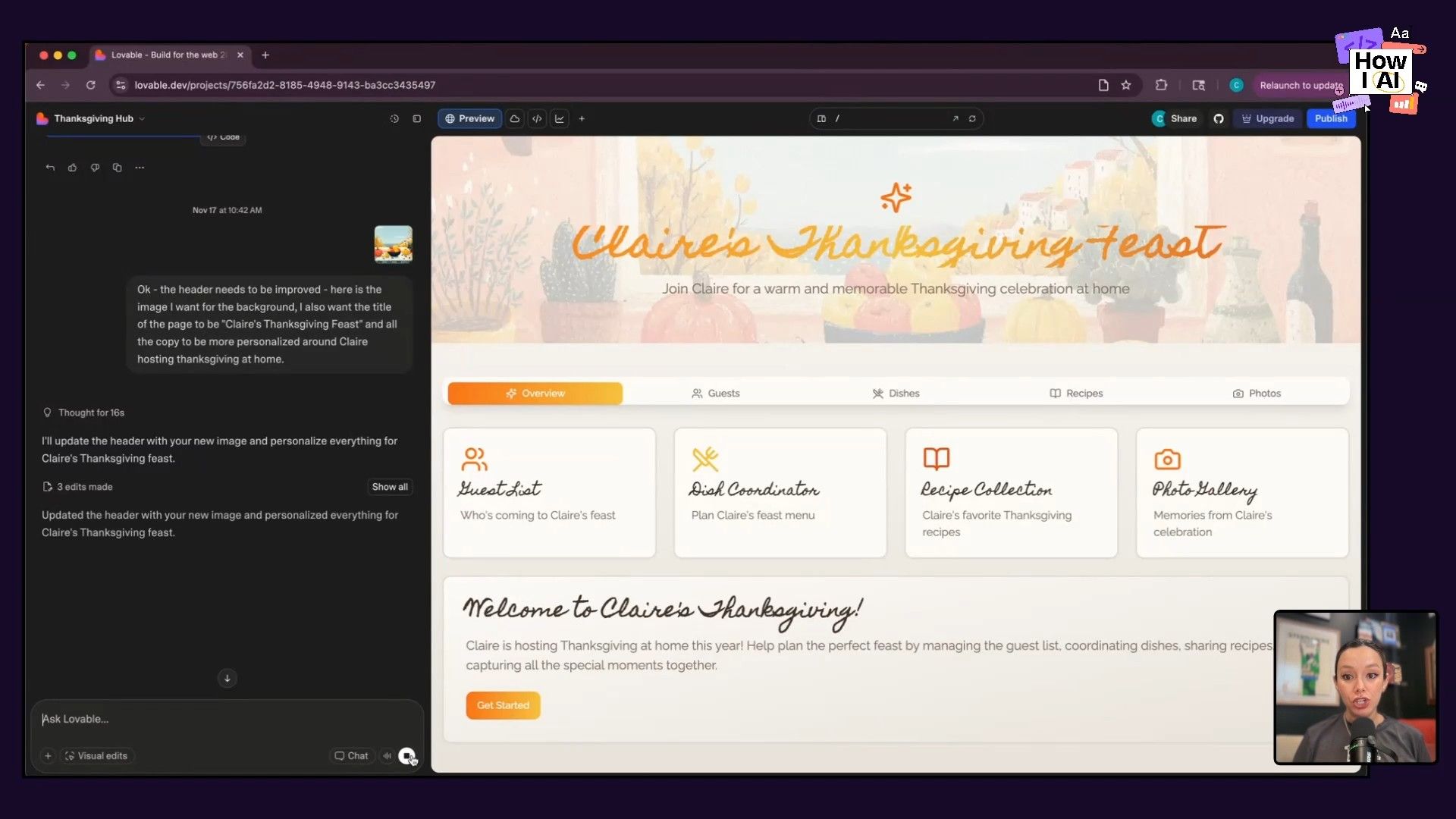 An AI assistant helps refine a 'Claire's Thanksgiving Feast' web page, showcasing a user's prompt for header improvements and the resulting personalized design with a Midjourney-generated image.