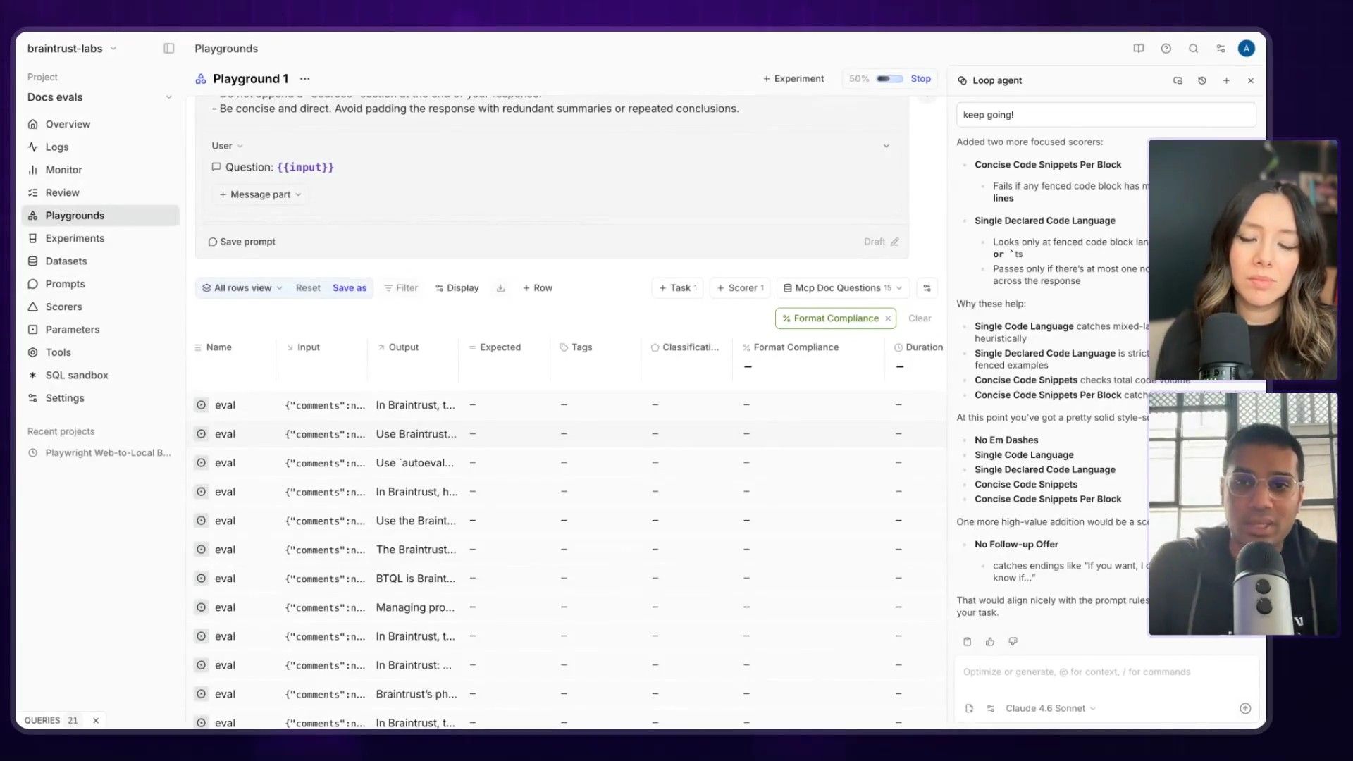 The Braintrust UI showing aggregate scores for the eval run
