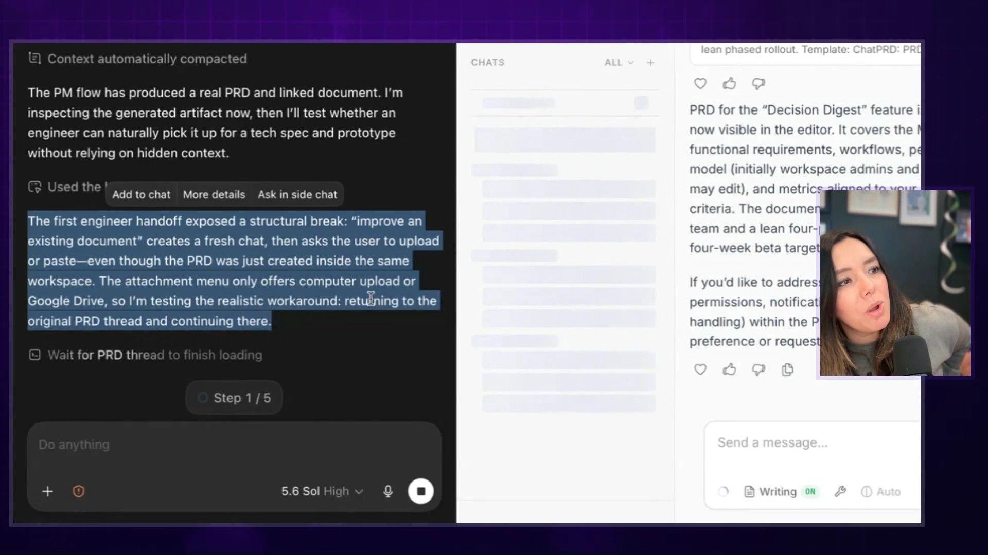 The AI's internal monologue/chain-of-thought showing it discovered a structural break in the app flow