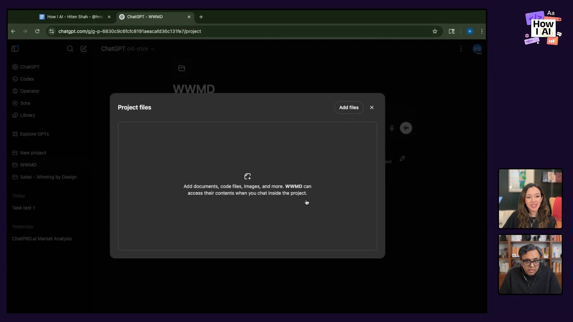 The 'Project files' modal in an AI interface (likely ChatGPT), illustrating the capability to add various file types like documents, code, and images for contextual use within a project called 'WWMD'.