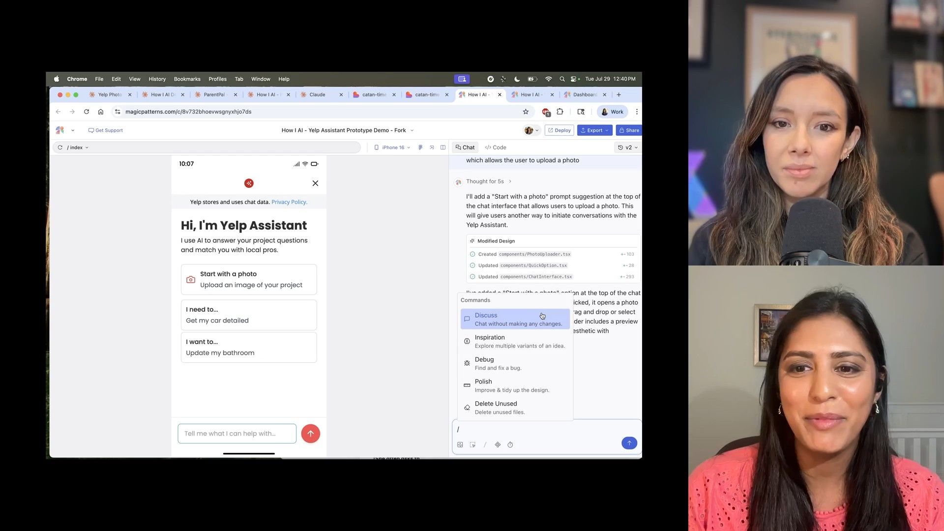The Yelp Assistant UI prototype, featuring a 'Start with a photo' suggestion, is displayed within the Magic Patterns design environment. The screen also shows the development view, detailing modifications to TypeScript components like `PhotoUploader.tsx` and offering commands for design iteration.