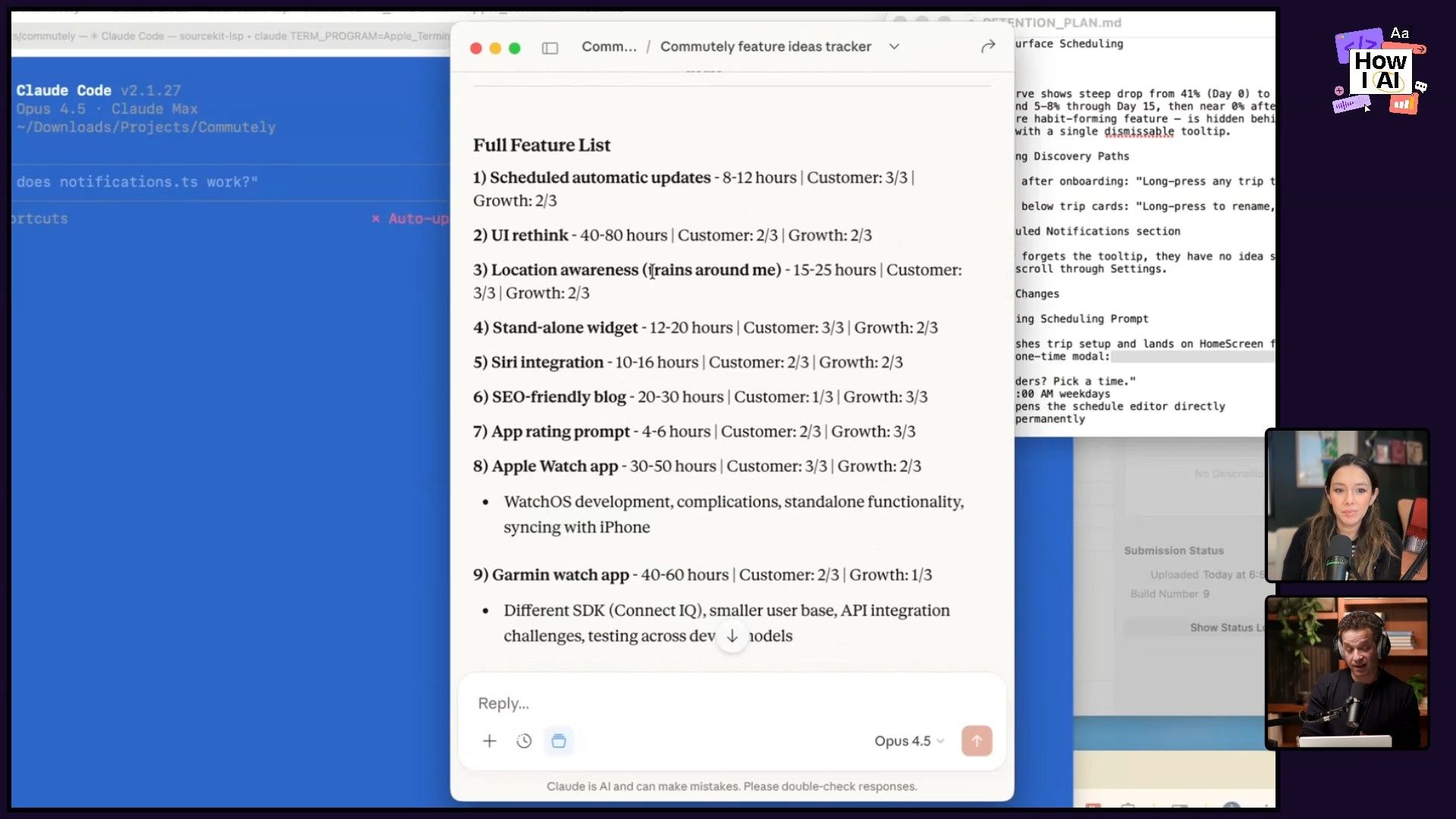 A developer leverages the Claude Code AI assistant, likely for a TypeScript file ('notifications.ts'), while simultaneously managing project features and reviewing documentation for the 'Commutely' application.