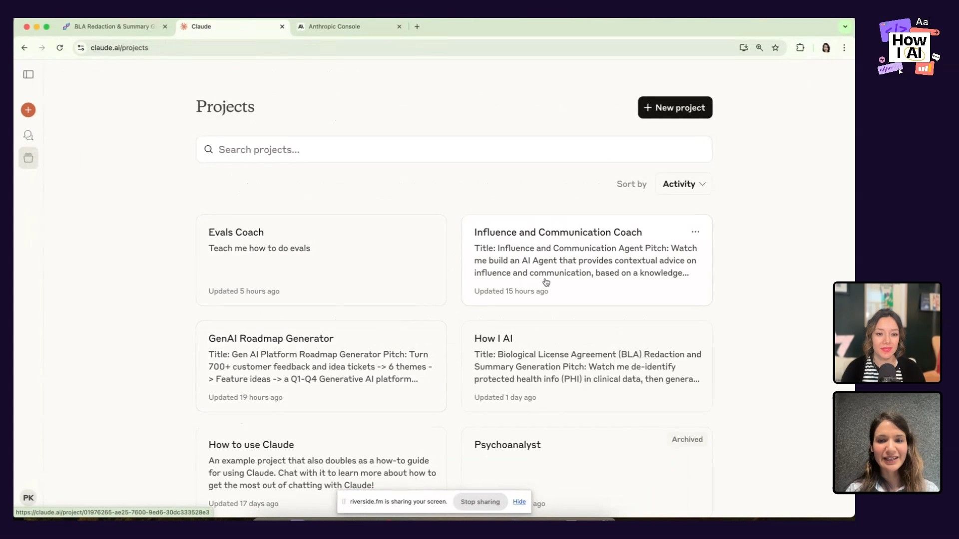 The Claude AI platform's 'Projects' dashboard, displaying a list of custom AI agent projects such as an 'Influence and Communication Coach' and a 'GenAI Roadmap Generator', highlighting the platform's capabilities for building diverse AI applications.