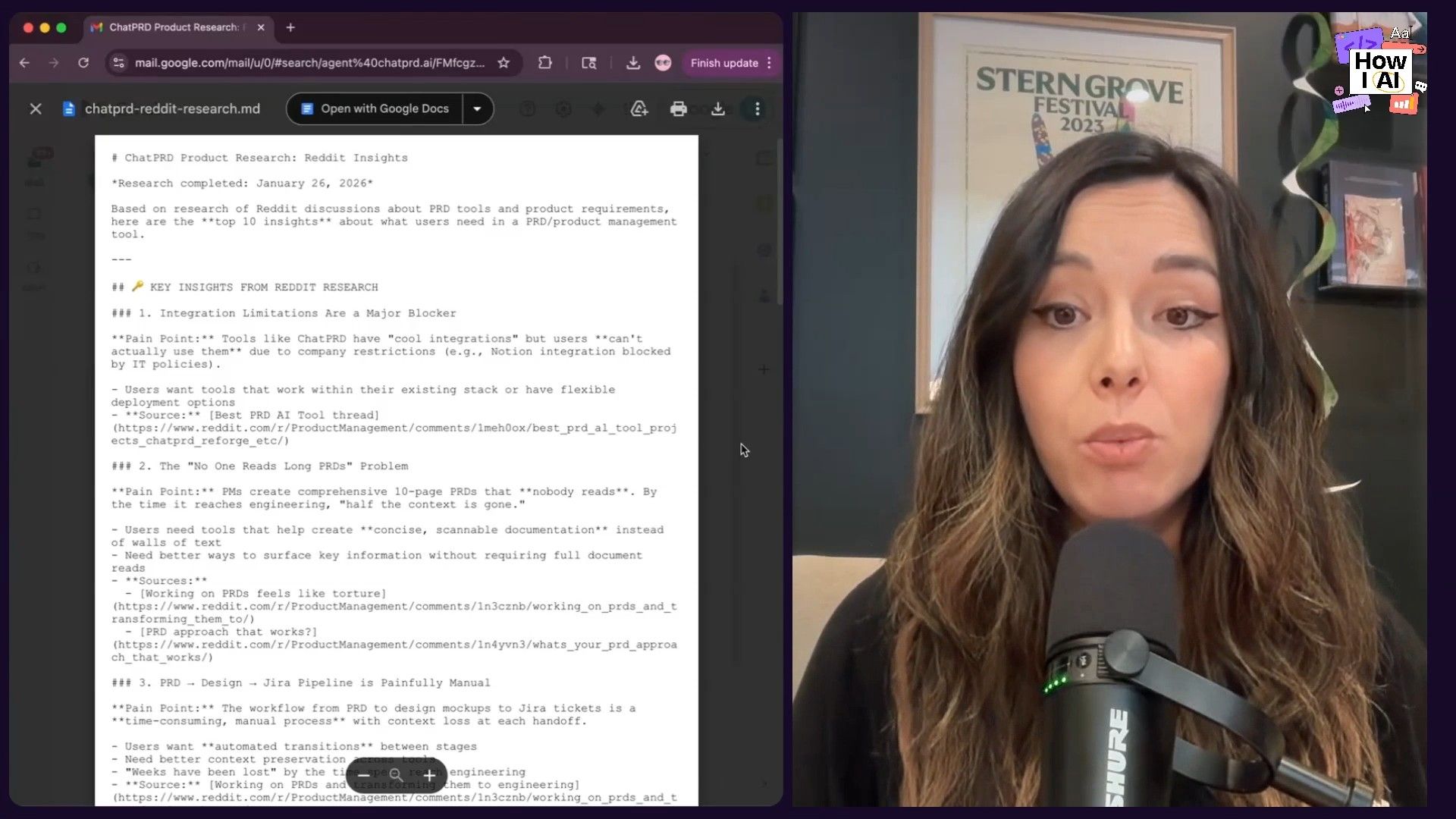 A podcast host discusses AI-powered product research, with a detailed Markdown report visible on screen summarizing Reddit insights on PRD tools, integration limitations, and the challenges of long PRDs.