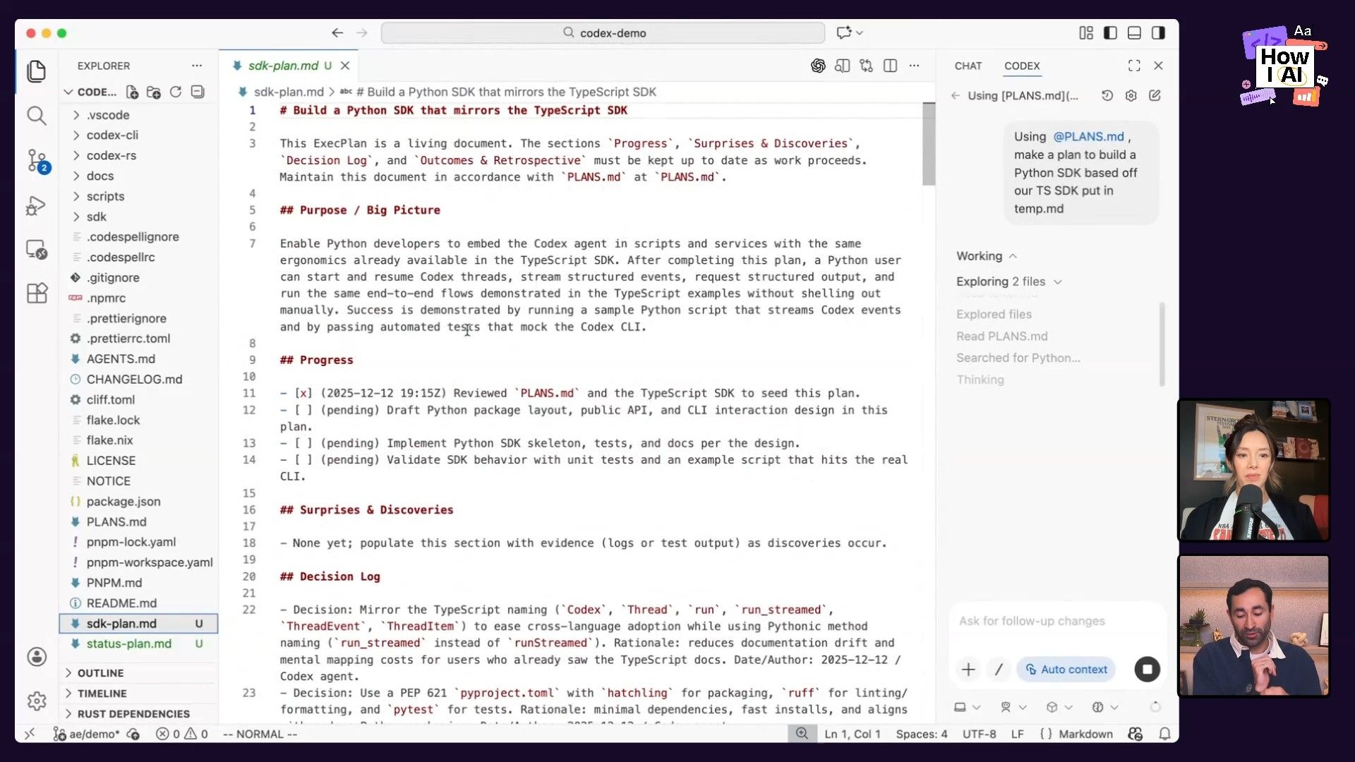 A detailed Python SDK development plan, generated by an AI assistant and displayed in a VS Code markdown editor, demonstrates AI-powered code planning during a 'How I AI' podcast.