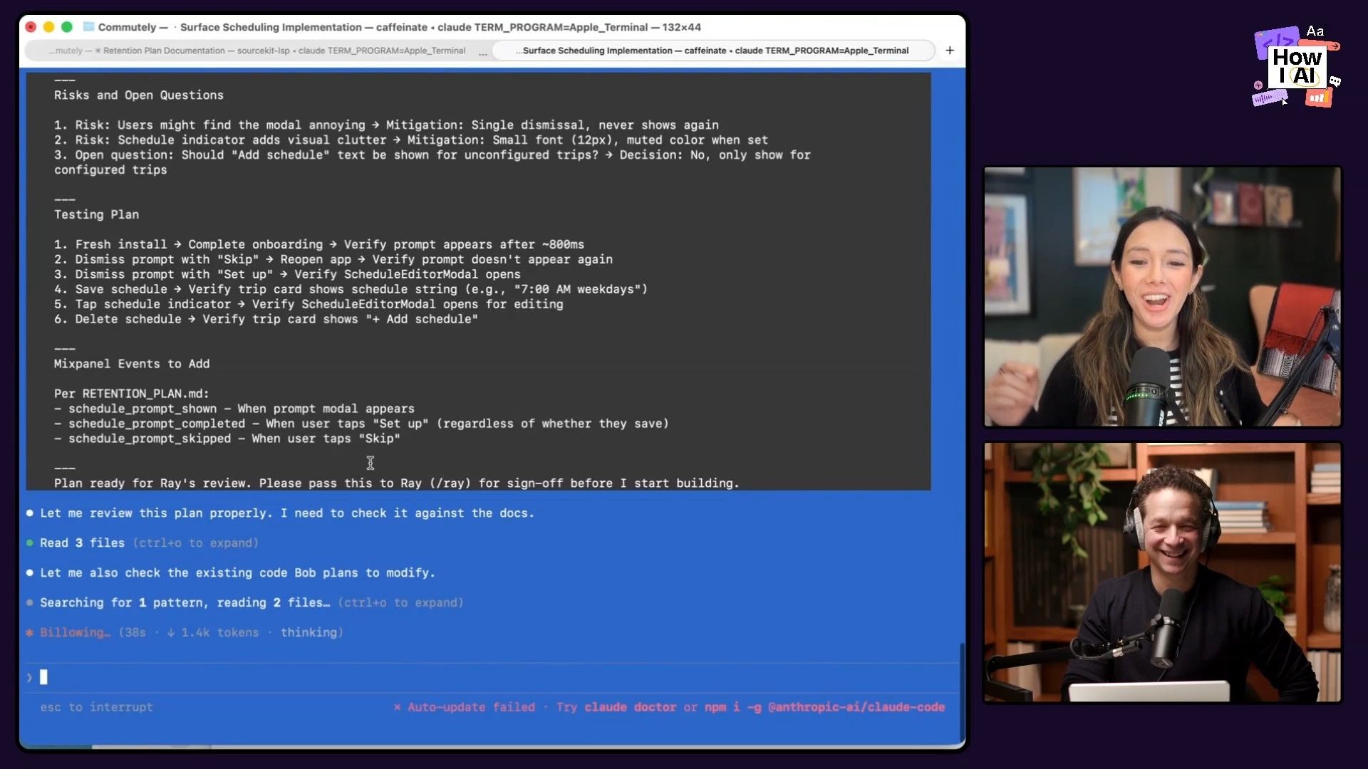 A detailed software development plan, outlining risks, testing procedures, and code review steps, is displayed in a terminal window alongside two podcast hosts discussing the content.