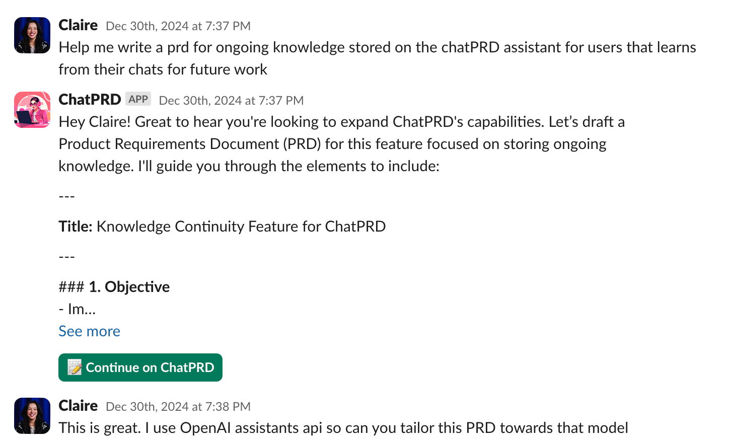 Creating a PRD in slack with ChatPRD