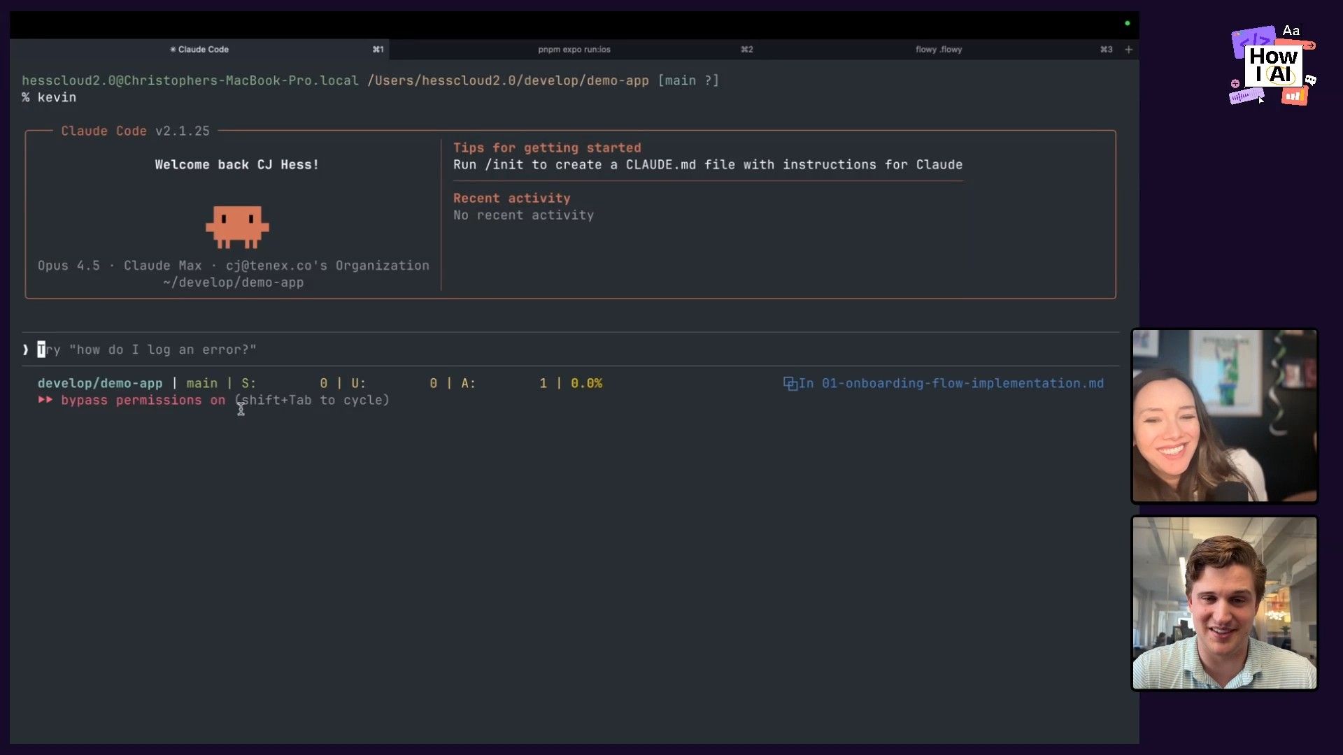 A developer's screen shows an interaction with 'Claude Code', an AI assistant, in a terminal environment. The interface displays a welcome message, instructions to 'Run /init' for creating a CLAUDE.md file, and a specific AI prompt: 'Try "how do I log an error?"'. This frame demonstrates a practical use of AI in a coding workflow.