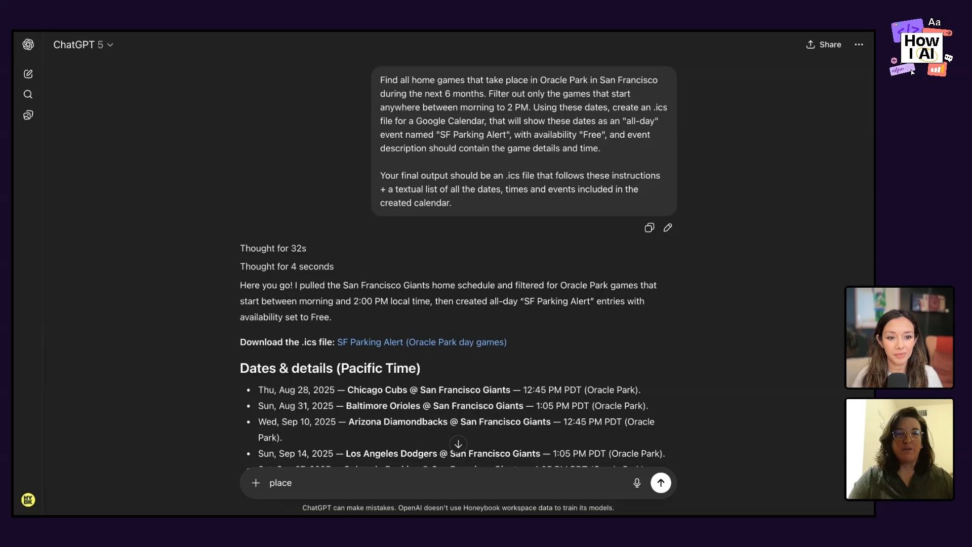 A detailed look at a ChatGPT interaction, showing a user's prompt to generate a Giants game parking calendar and the AI's response with a downloadable .ics file and a list of relevant game dates. This demonstrates practical AI application for event management and data extraction.