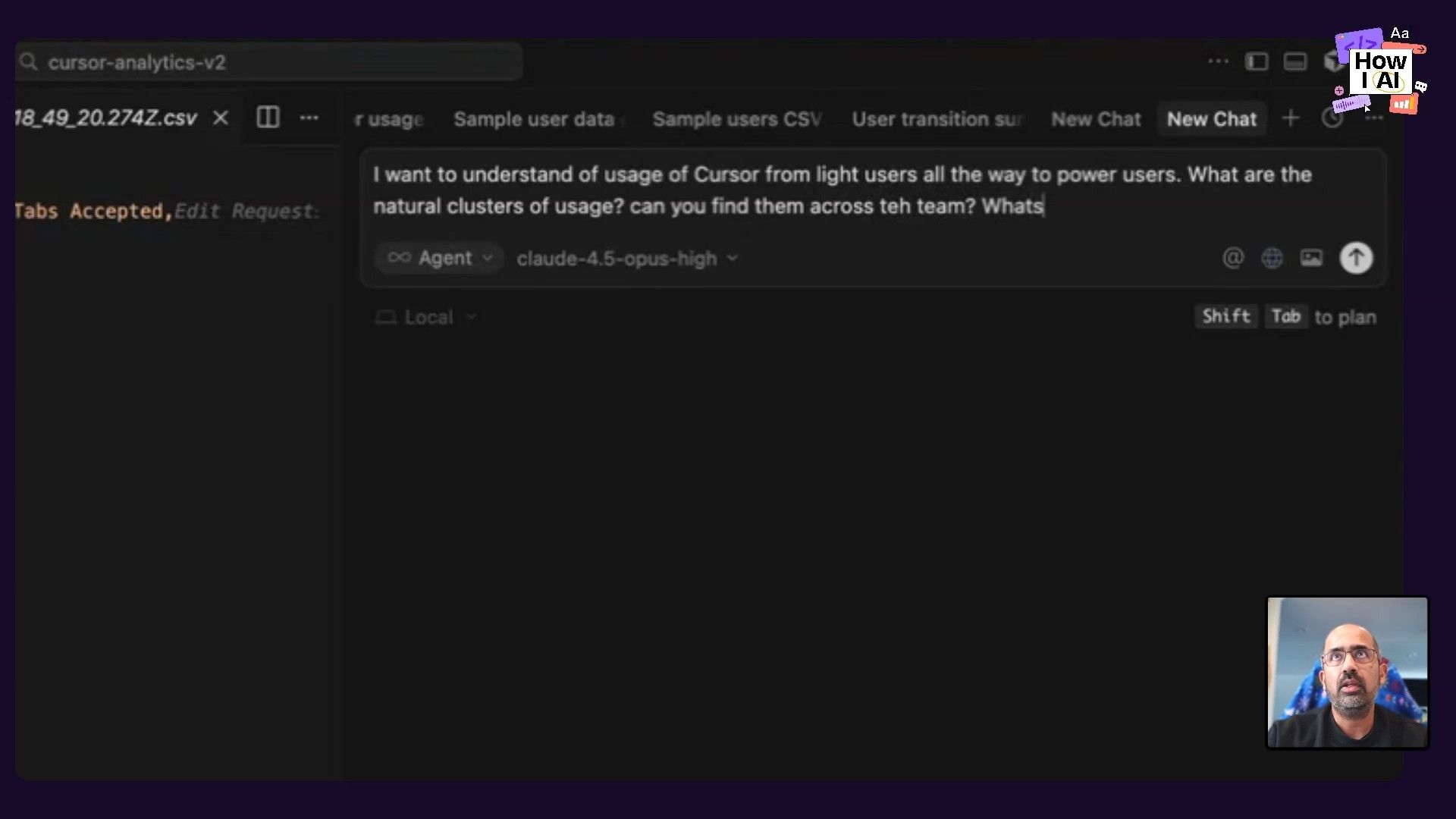 Analyzing Cursor usage data with an AI assistant: A developer prompts the AI within the Cursor IDE to identify user clusters from a loaded CSV file, demonstrating an AI-powered data analysis workflow.