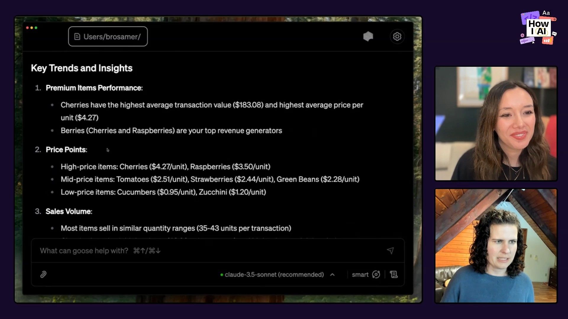 An AI application (likely Goose, powered by Claude-3.5-sonnet) presents 'Key Trends and Insights' for product sales, detailing premium item performance, price points, and sales volume, as discussed by the podcast hosts.