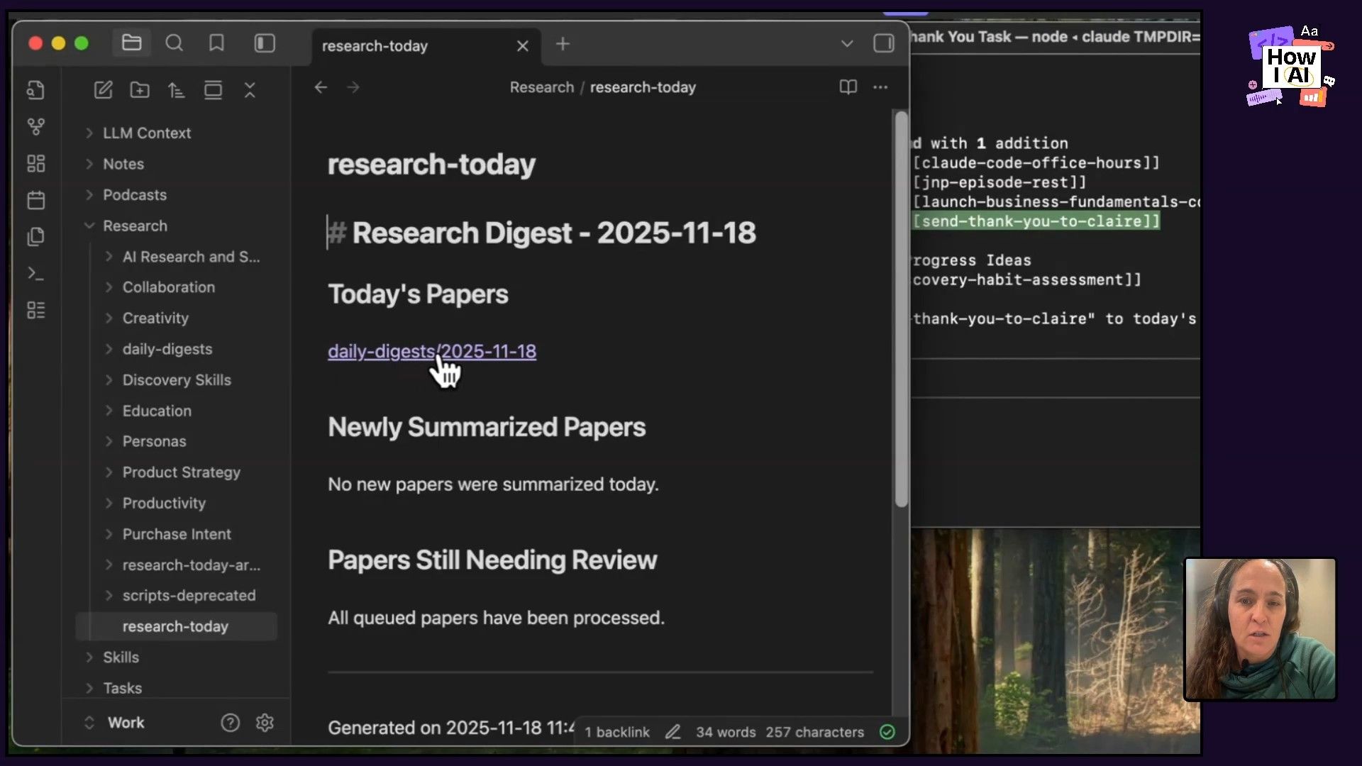 A knowledge management application displaying a 'Research Digest' with daily papers, showing file organization and partially visible task definitions or code snippets on the right. This demonstrates a system for managing research and notes.