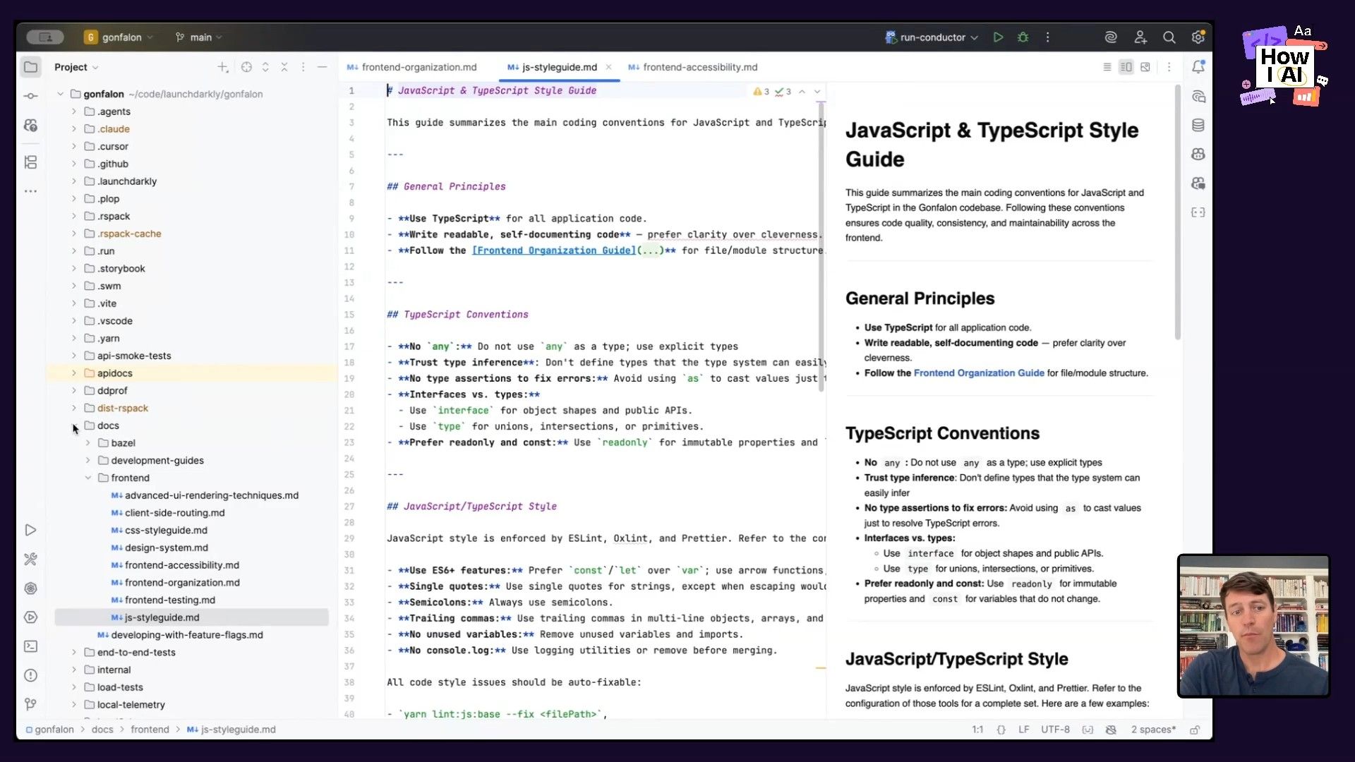 Code style guide walkthrough: best practices for JavaScript and TypeScript in Gonfalon's frontend.